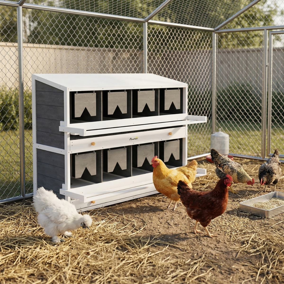 Chicken Nesting Box, 8 Compartment Wood Laying Boxes for Chicken Coop with Egg Collection Trays Perches for 16-32 Hens