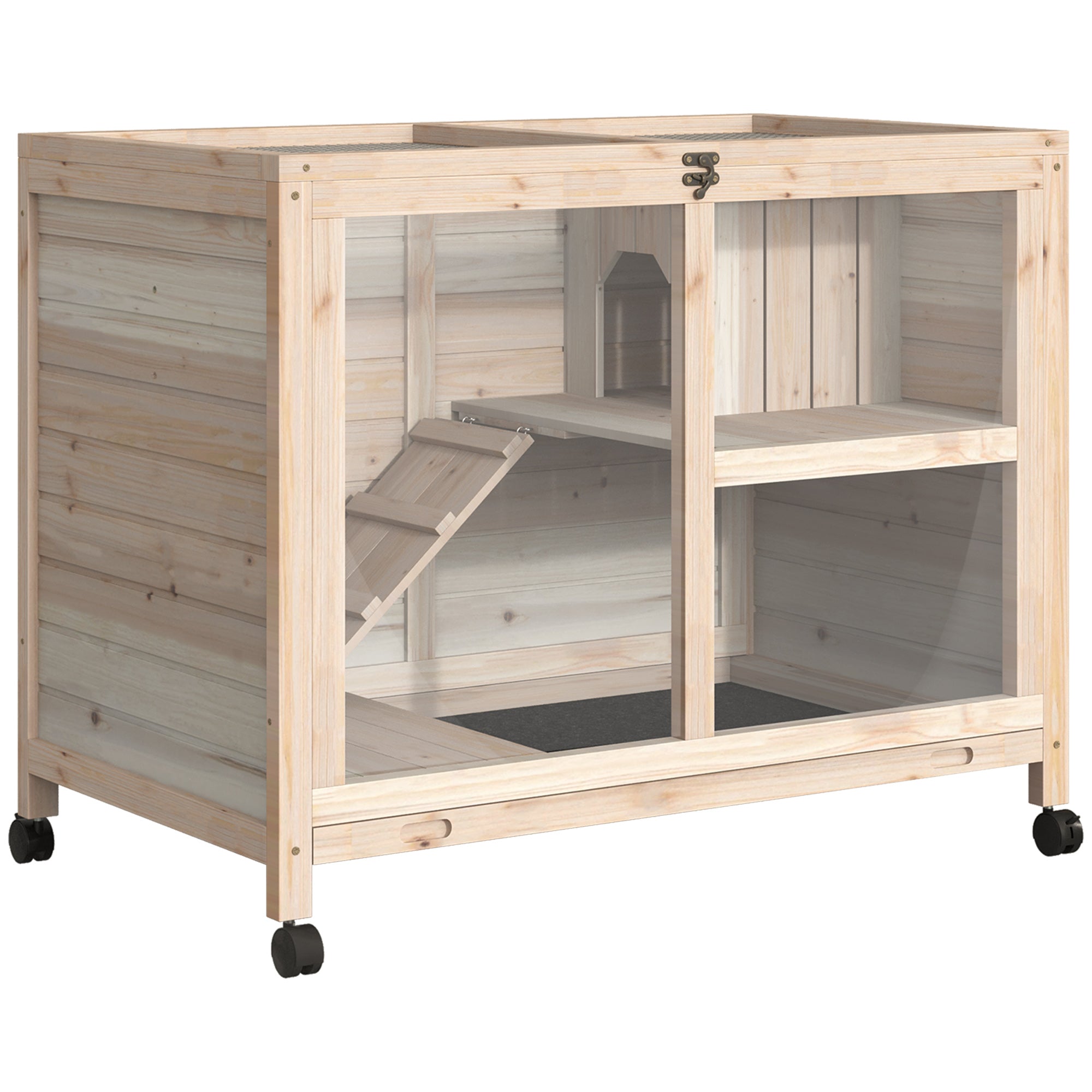 Rabbit Hutch with Wheels, Desk and Side Table Sized, Wooden Rabbit Cage, Waterproof Small Bunny Cage with Removable Tray, Openable Roof, for Rabbits, Chickens, Ducks, Indoor/Outdoor, Natural