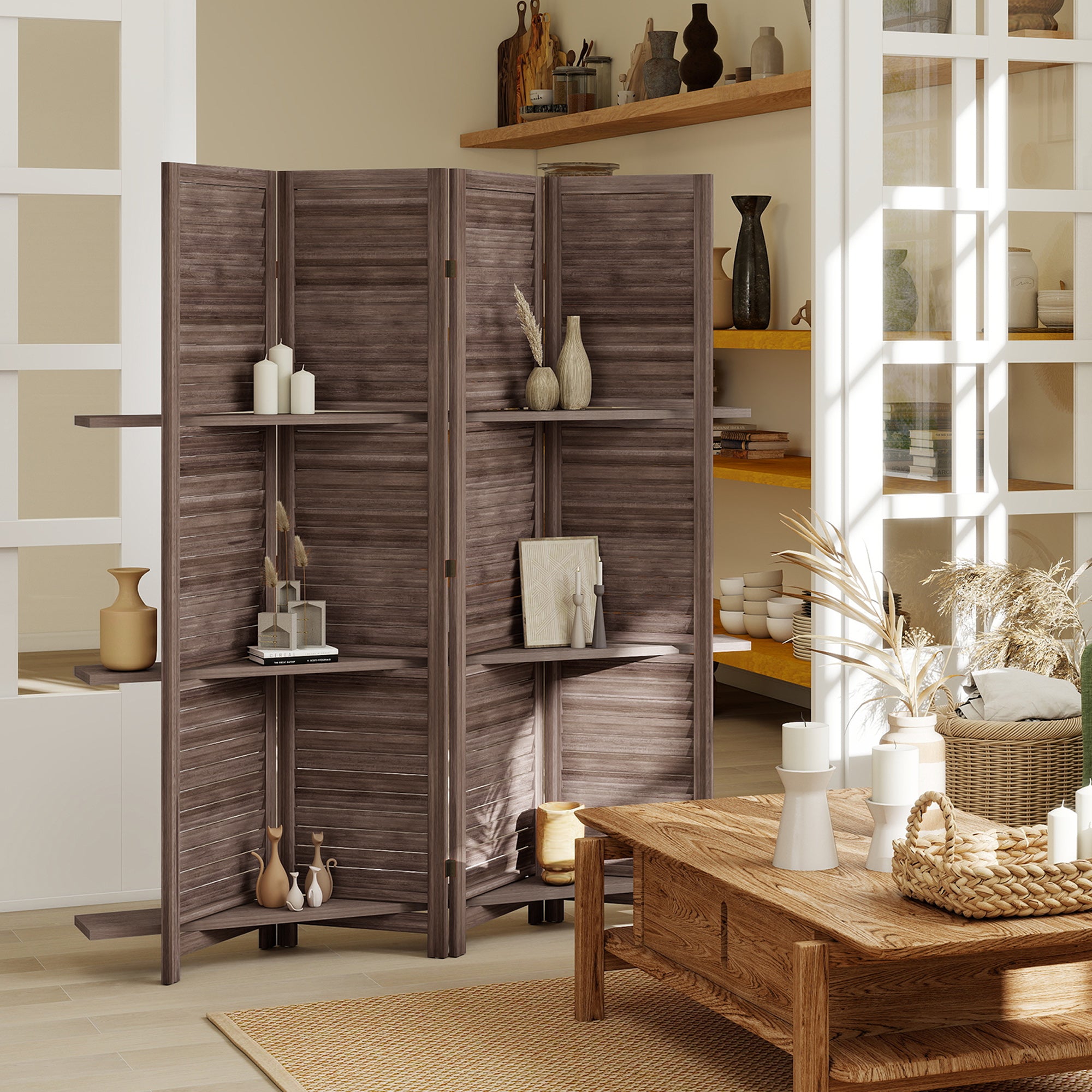 4 Panel 67" Tall Wood Privacy Screen Room Divider with 3 Shelves and Folding Storage for Bedroom, Walnut