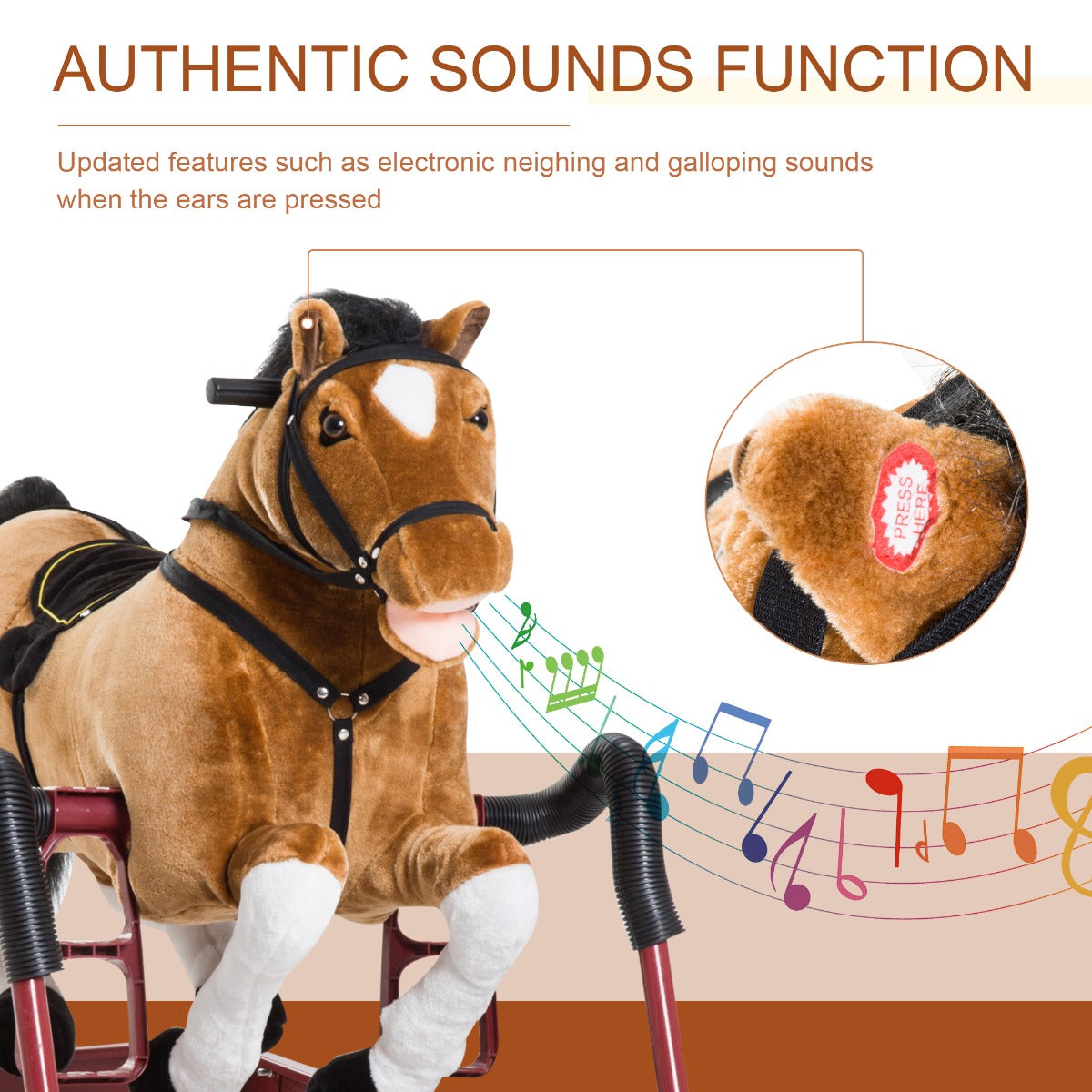 Durable Kids Plush Spring Rocking Horse, Ride On Rocking Horse with Realistic Sounds, Brown