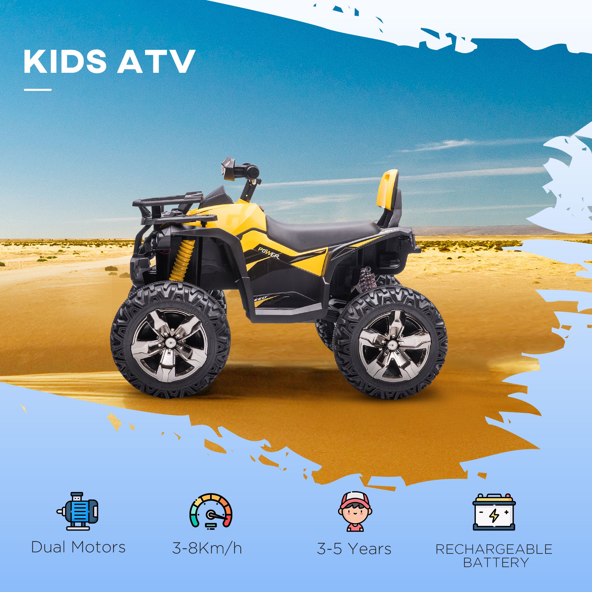 12V Kids Recharging Ride-on Electric ATV Quad w/ Realistic Headlights Wide Wheel, Yellow