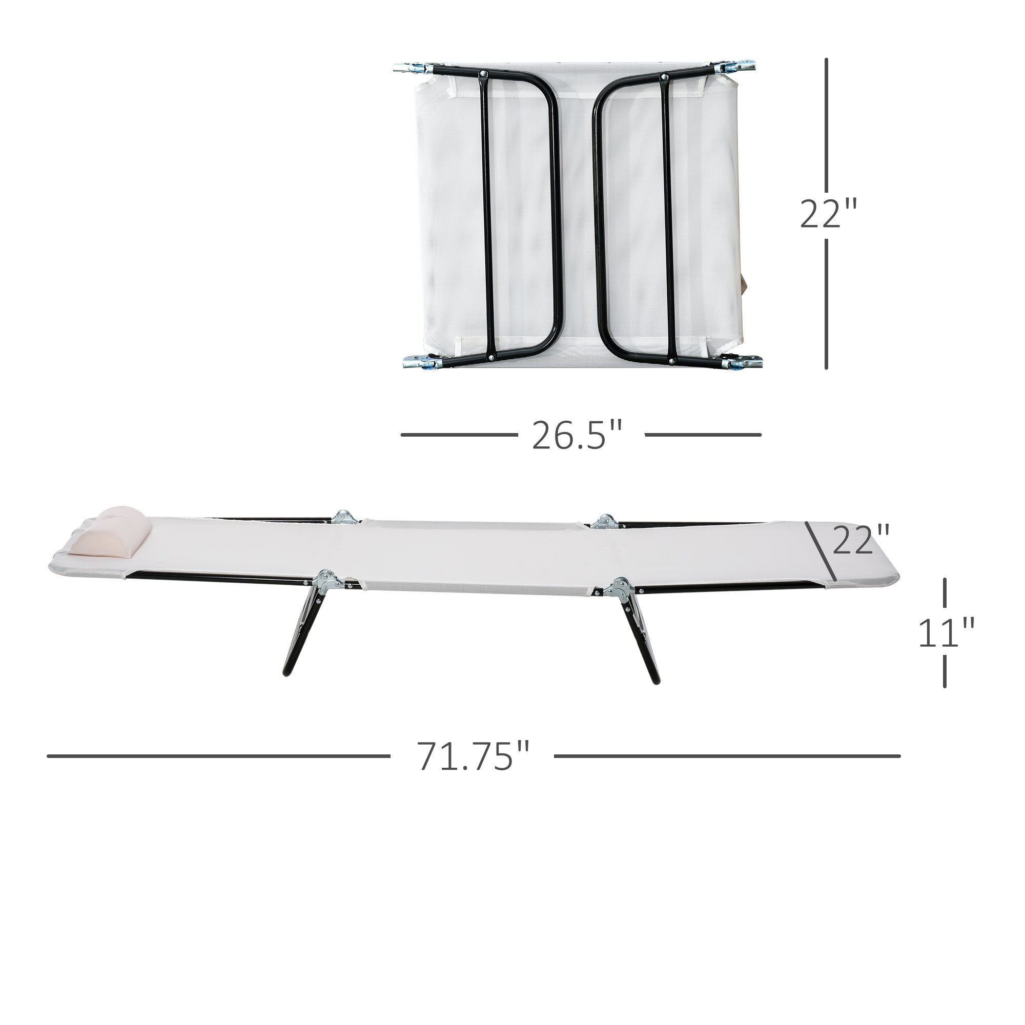 Folding Chaise Lounge Chair, Pool Sun Tanning Chair, Outdoor Lounge Chair with Reclining Back, Breathable Mesh Seat, Headrest for Beach, Yard, Patio, Cream White