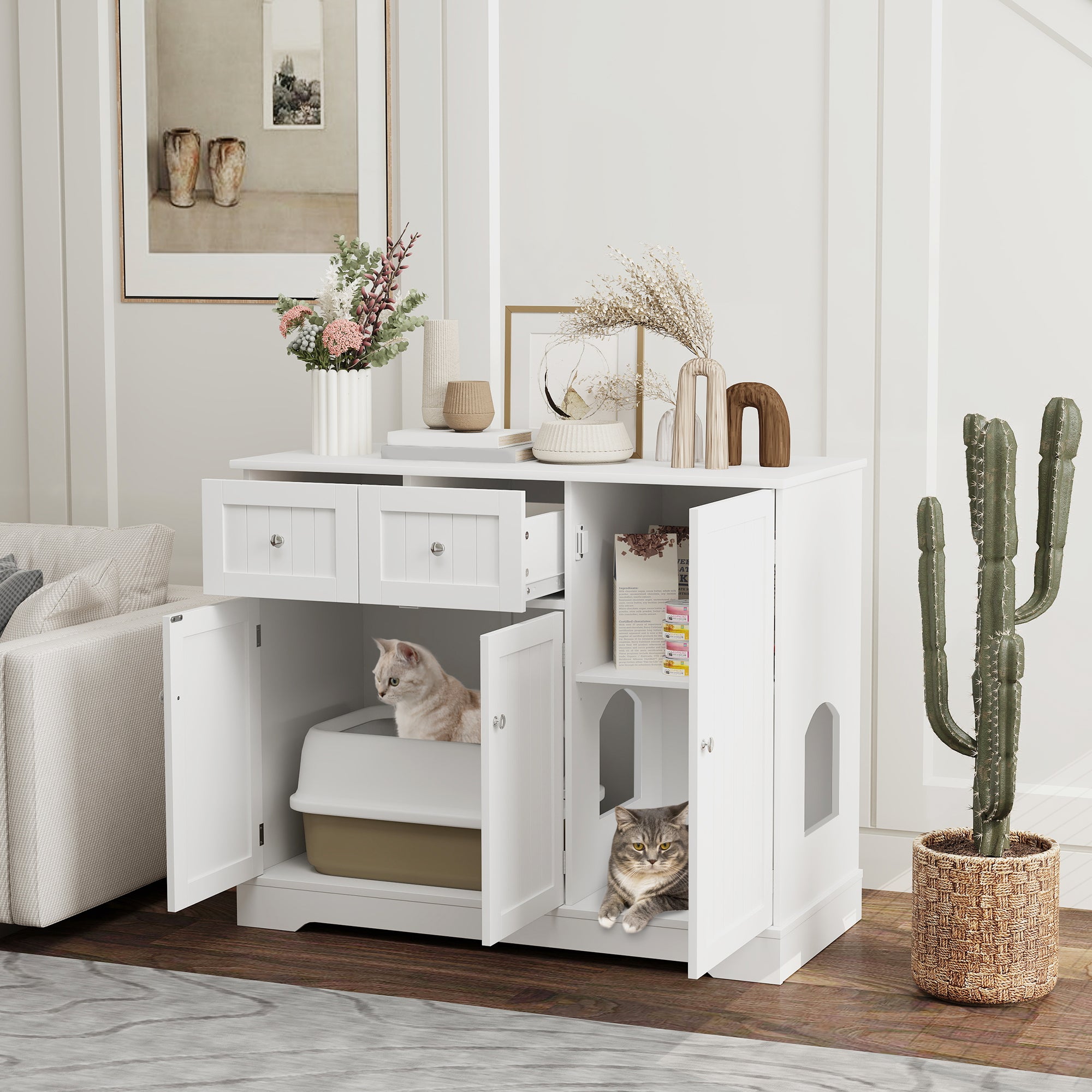 Cat Litter Box Enclosure with Drawers, Storage, Anti-tip Kit, 39" x 18" x 31.5", White
