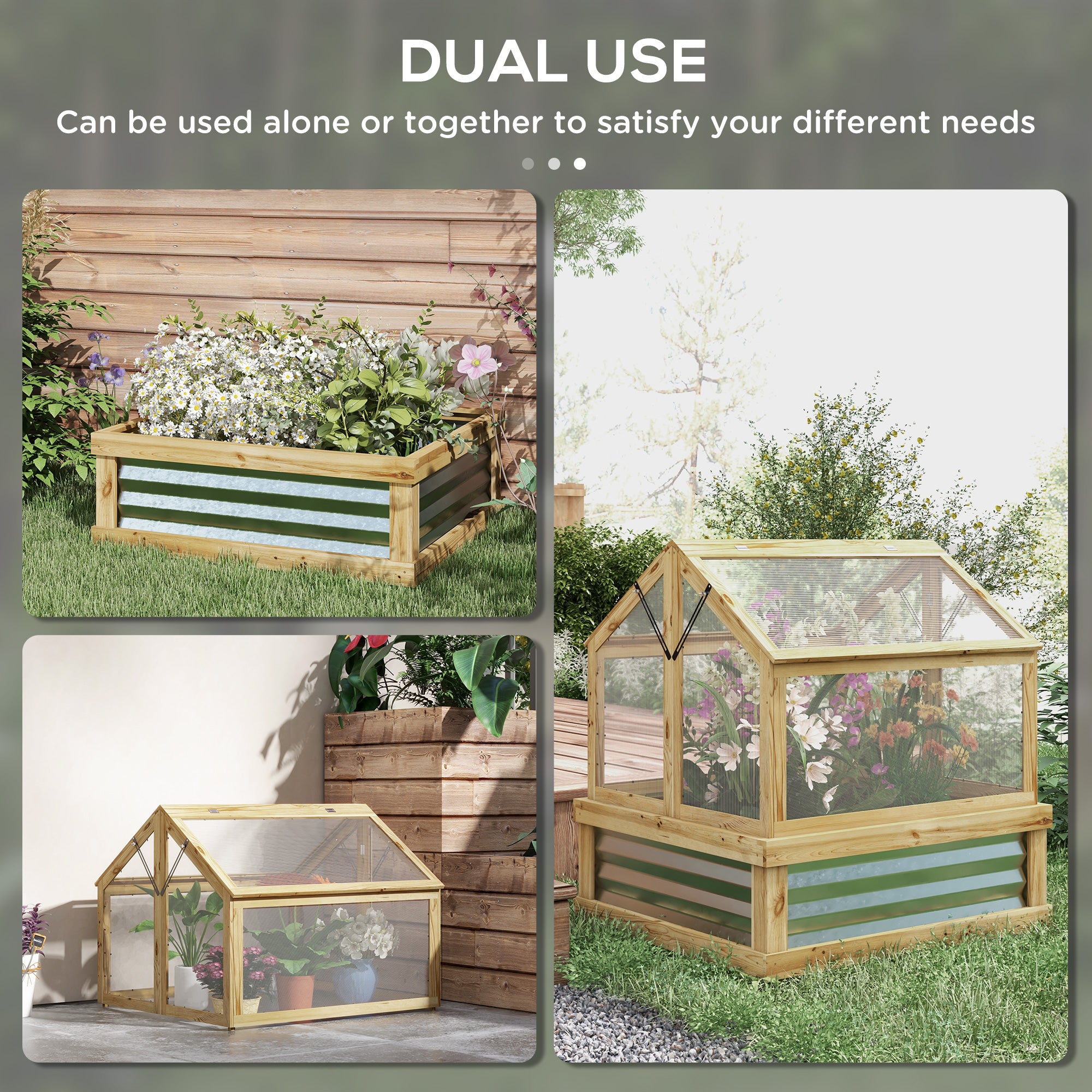 Raised Garden Flower Bed Kit with Greenhouse, Wooden Cold Frame Planter, 35.5" x 31.5" x 36", Natural
