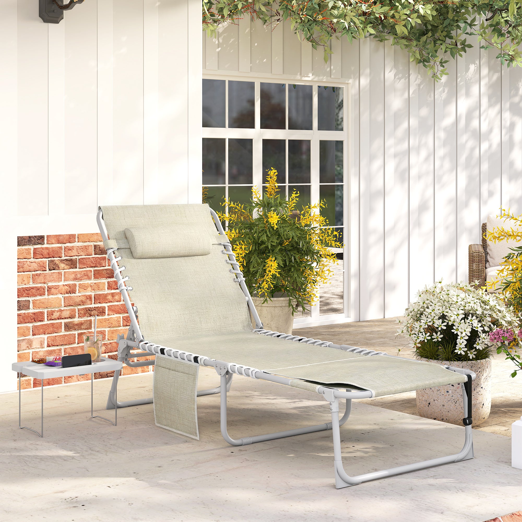 Tanning Chair with Face Hole and Side Table, 5-Position Folding Outdoor Chaise Lounge Chair, Beige