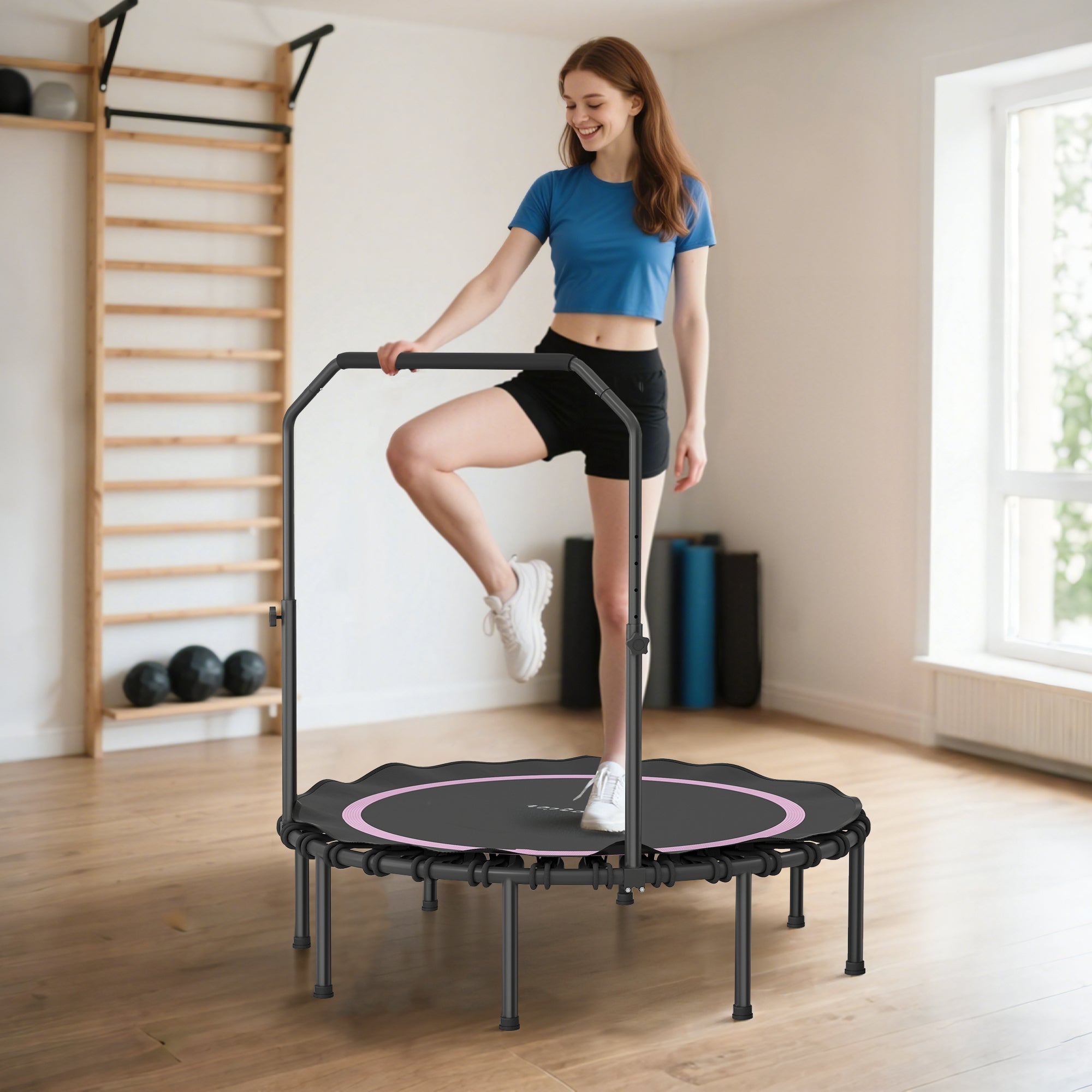 48" Rebounder Trampoline for Adults, Foldable Mini Trampoline with Adjustable Handle Bar for Indoor Outdoor, Pink
