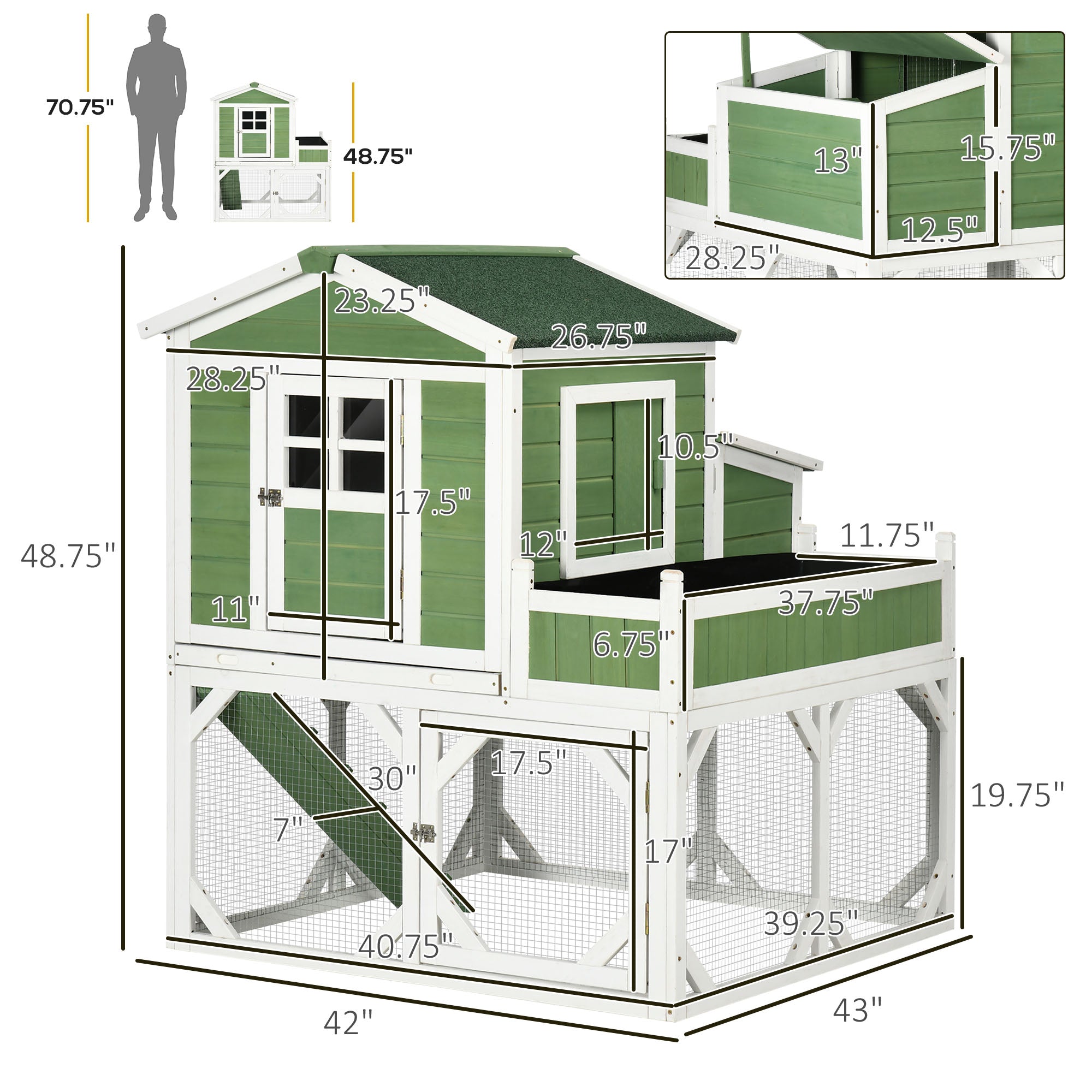 49" Small Chicken Coop Hen House with Garden Space, Chicken House Outdoor Run Cage with Weather Protection, 2-4 Birds, Green