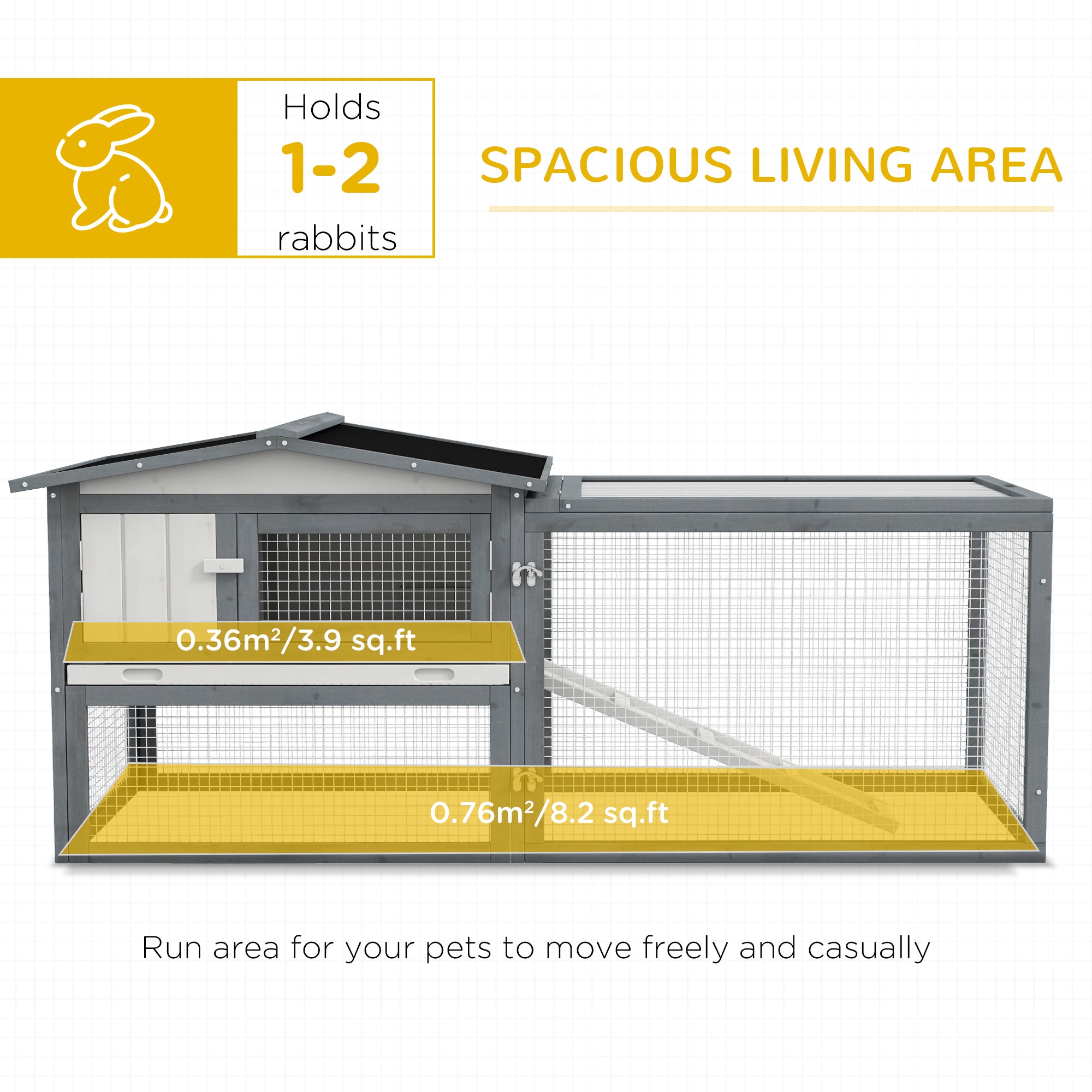Large Rabbit Cage Outdoor 61"L Guinea Pig Hutch w/ Run Feeding Trough Removable Tray Ramp Asphalt Roof, White