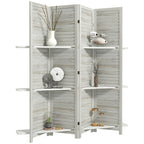 4 Panel 67" Tall Wood Privacy Screen Room Divider with 3 Shelves and Folding Storage for Bedroom, Distressed White