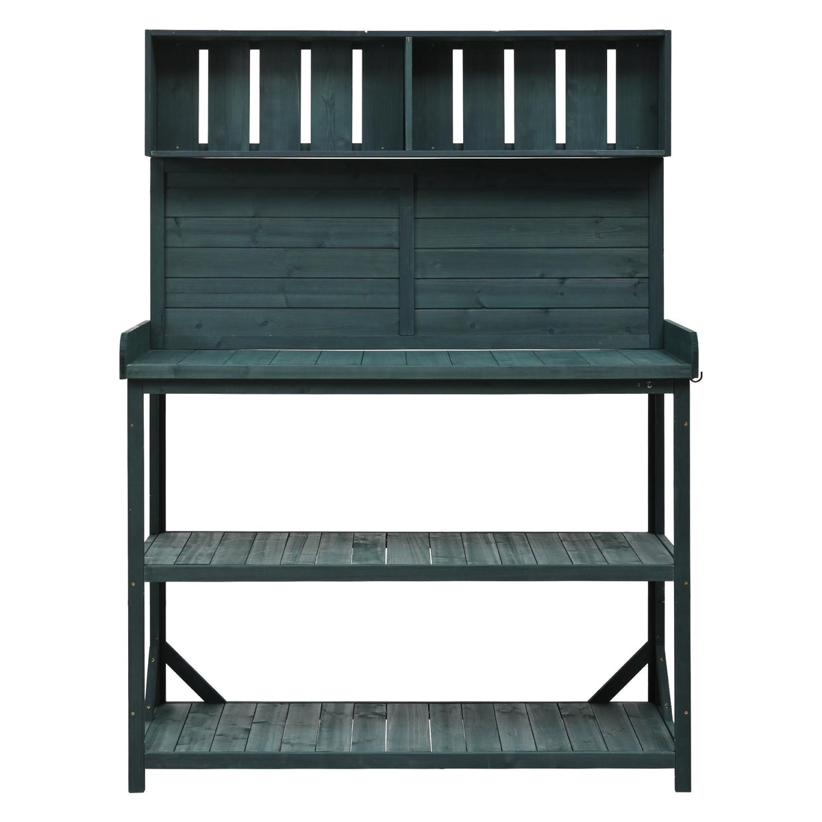 Outdoor Potting Bench with 4 Shelf & Side Hook for Patio, Farmhouse Garden Workstation with Large Tabletop, 47'' L x 19.5'' W x 65'' H, Green
