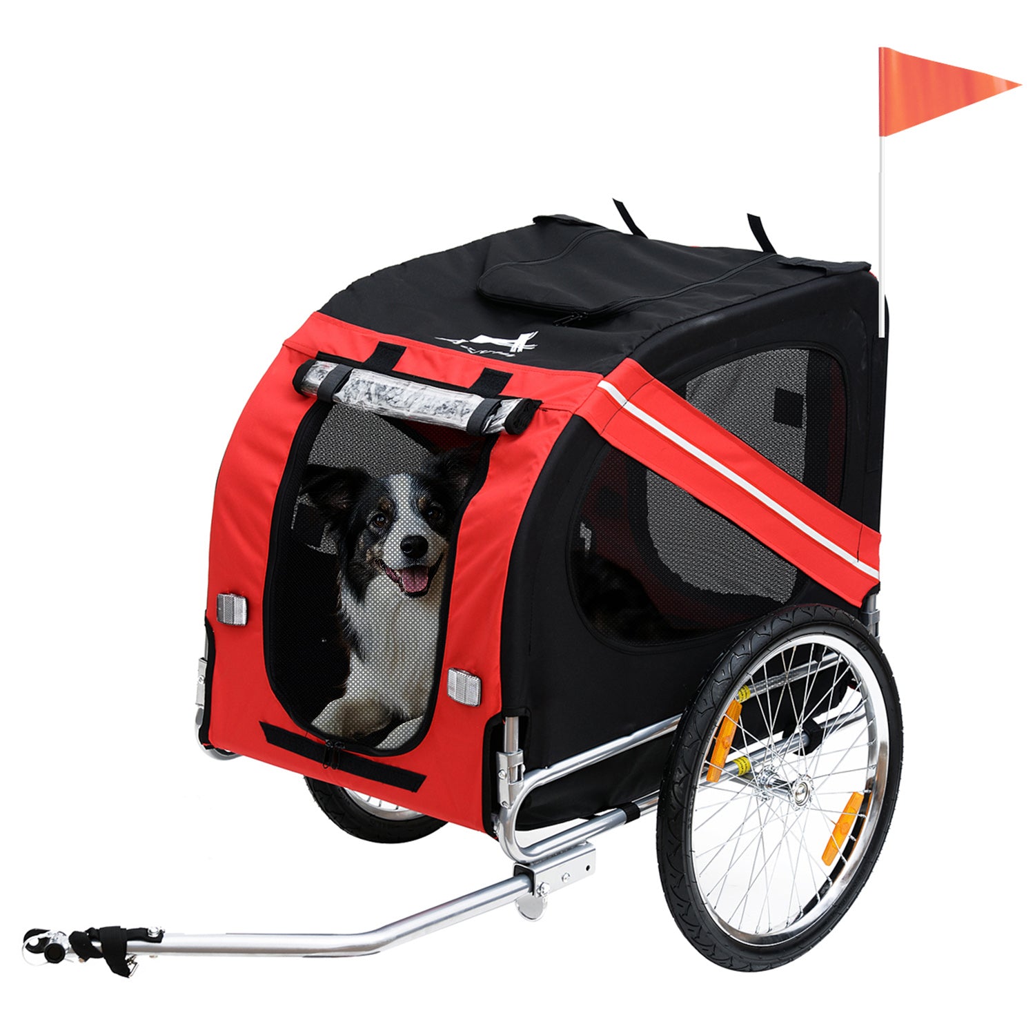 Dog Bike Trailer, Pet Wagon Bicycle Trailer with Easy Folding Cart Frame, 20" Large Rubber Wheels, 3 Entrances, Mesh Screen, Pet Bike Trailer for Off-Road & Travel, Red and Black