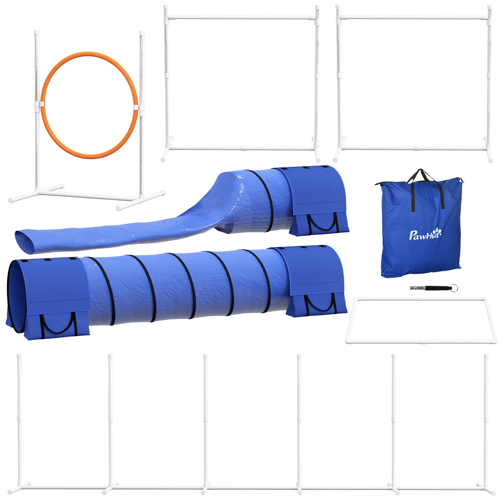 7pc Agility Training Equipment for Dogs w/ Tunnels, Weave Poles Adjustable Hurdle, Jumping Ring, Pause Box, Blue