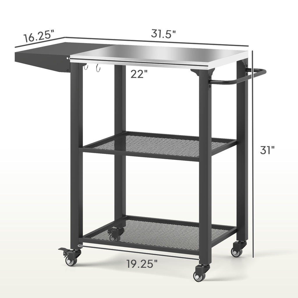 Three-Shelf Outdoor Grill Cart Table with Foldable Side Table, Stainless Steel Top Pizza Oven Stand with Hooks, Silver