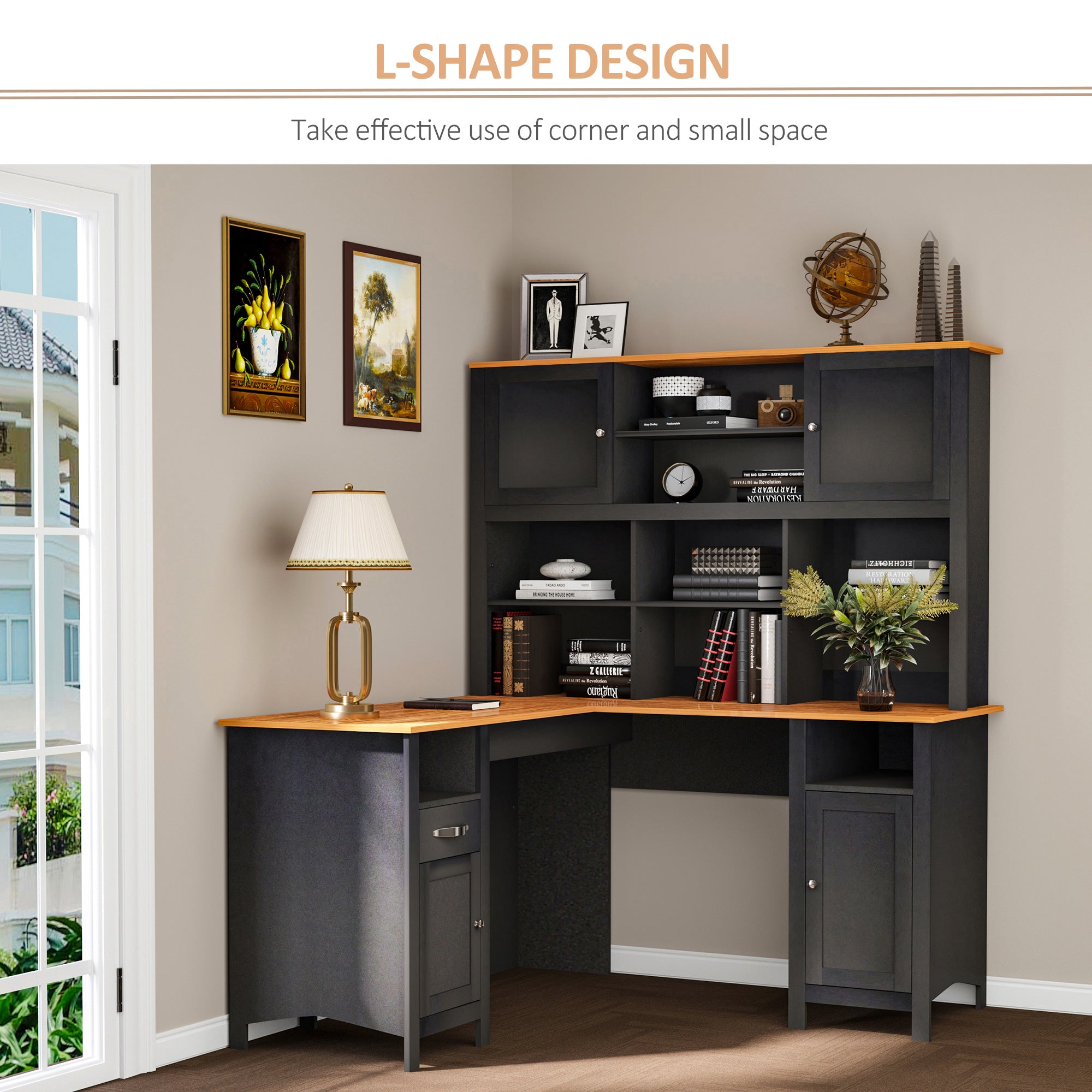 L Shaped Computer Desk with Hutch, 59" Corner Desk, Space Saving Home Office Desk with Storage, Black