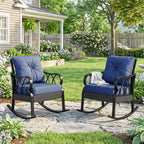 2 Piece Outdoor Wicker Rocking Chairs Rattan Porch Rockers with Cushions, Aluminum Frame for Garden, Patio, Blue