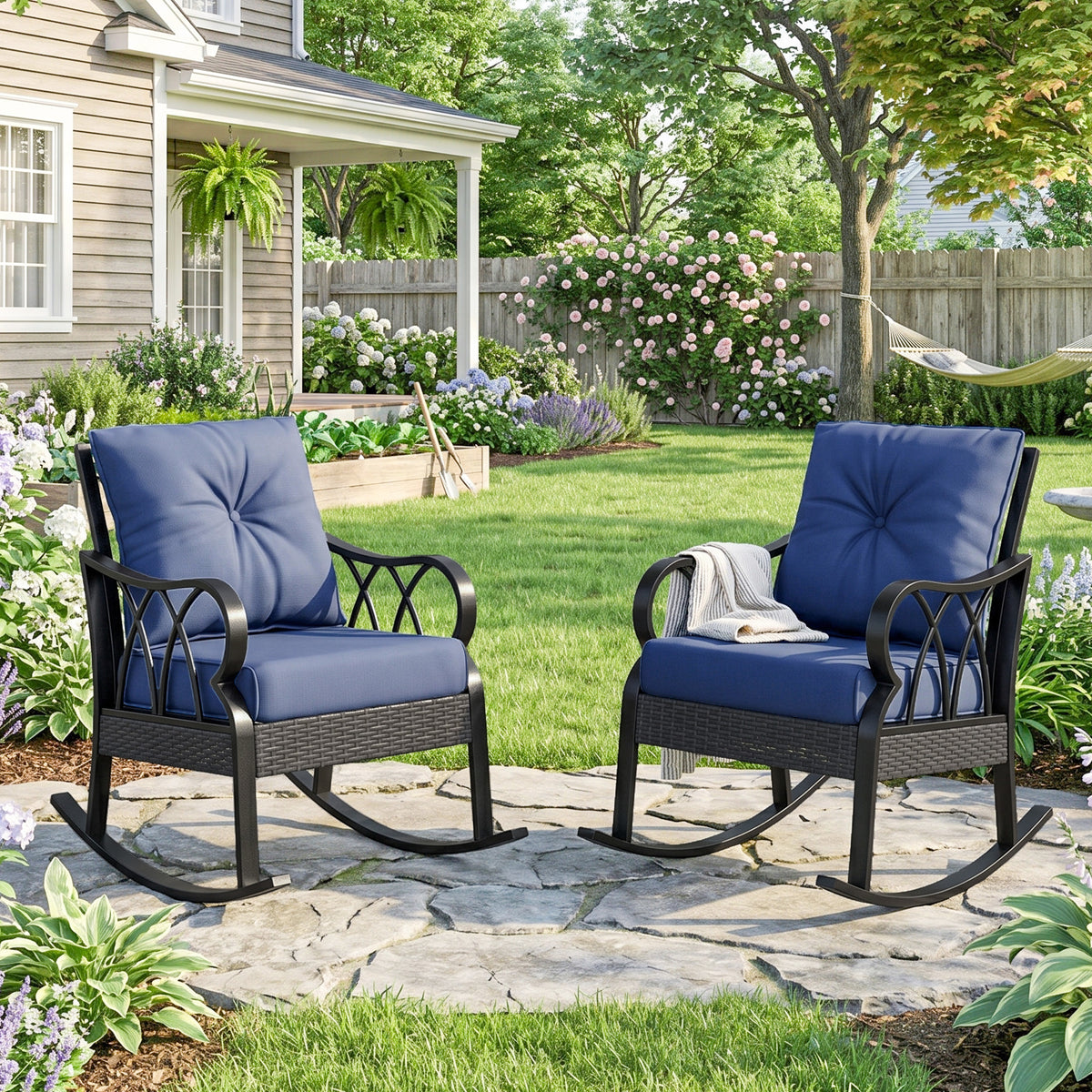 2 Piece Outdoor Wicker Rocking Chairs Rattan Porch Rockers with Cushions, Aluminum Frame for Garden, Patio, Blue