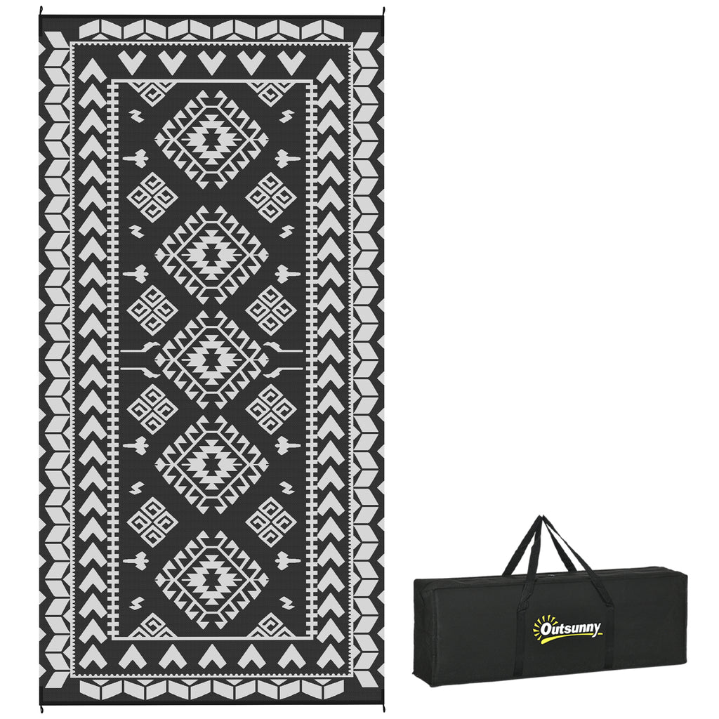 Reversible Outdoor Rug, Waterproof Plastic Straw with Carry Bag, 9' x 18', Black & White Rhombus Patchwork