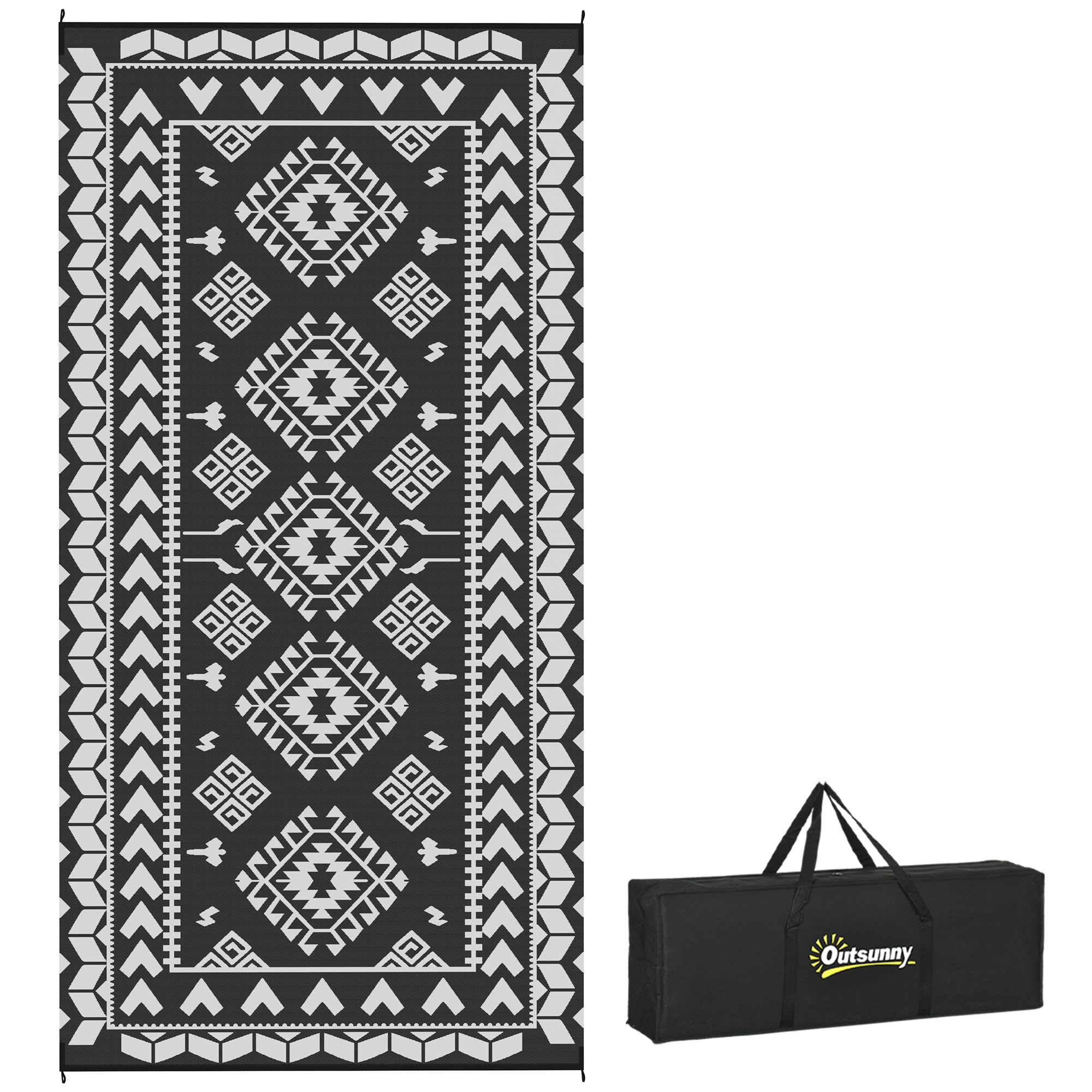 Reversible Outdoor Rug, Waterproof Plastic Straw with Carry Bag, 9' x 18', Black & White Rhombus Patchwork