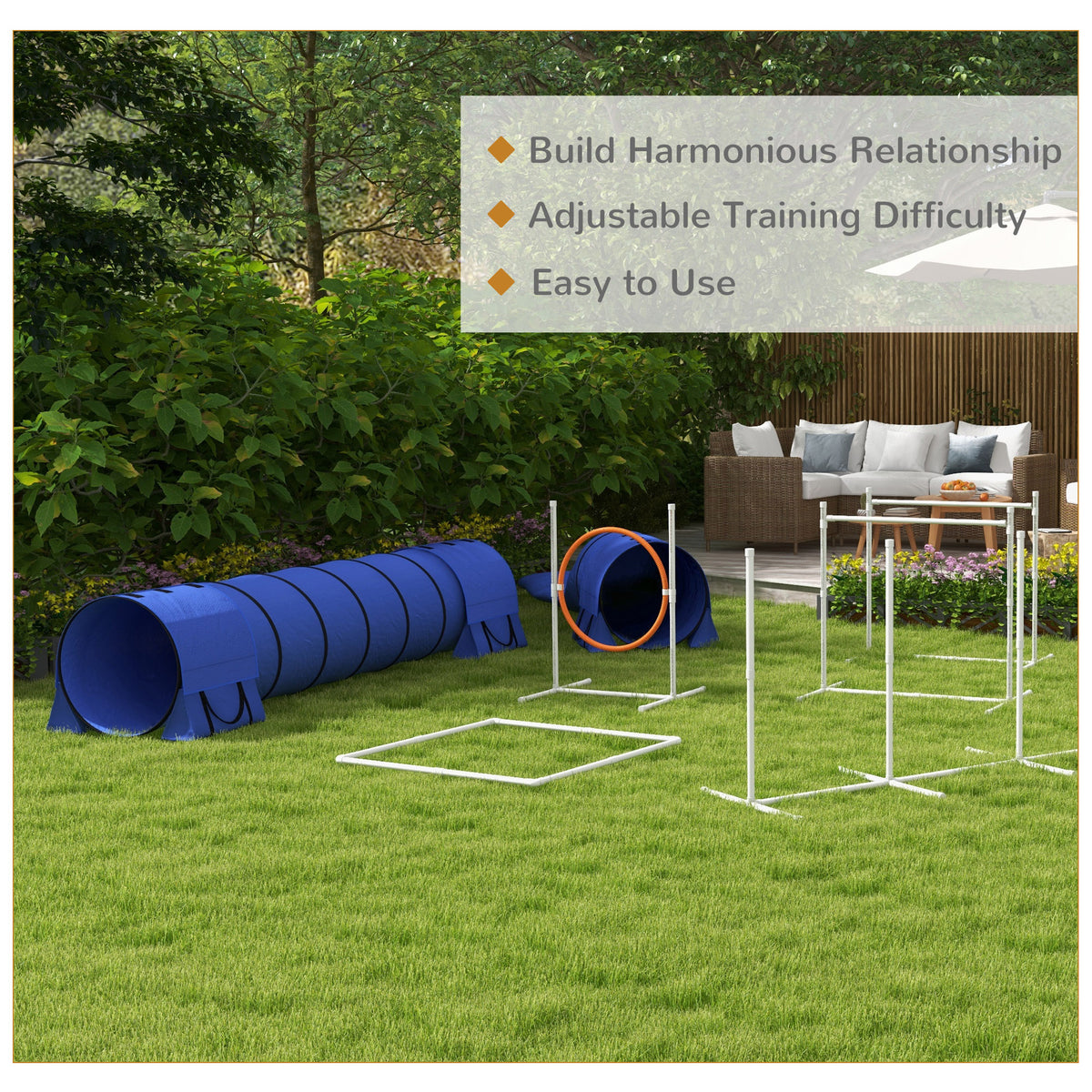 7pc Agility Training Equipment for Dogs w/ Tunnels, Weave Poles Adjustable Hurdle, Jumping Ring, Pause Box, Blue