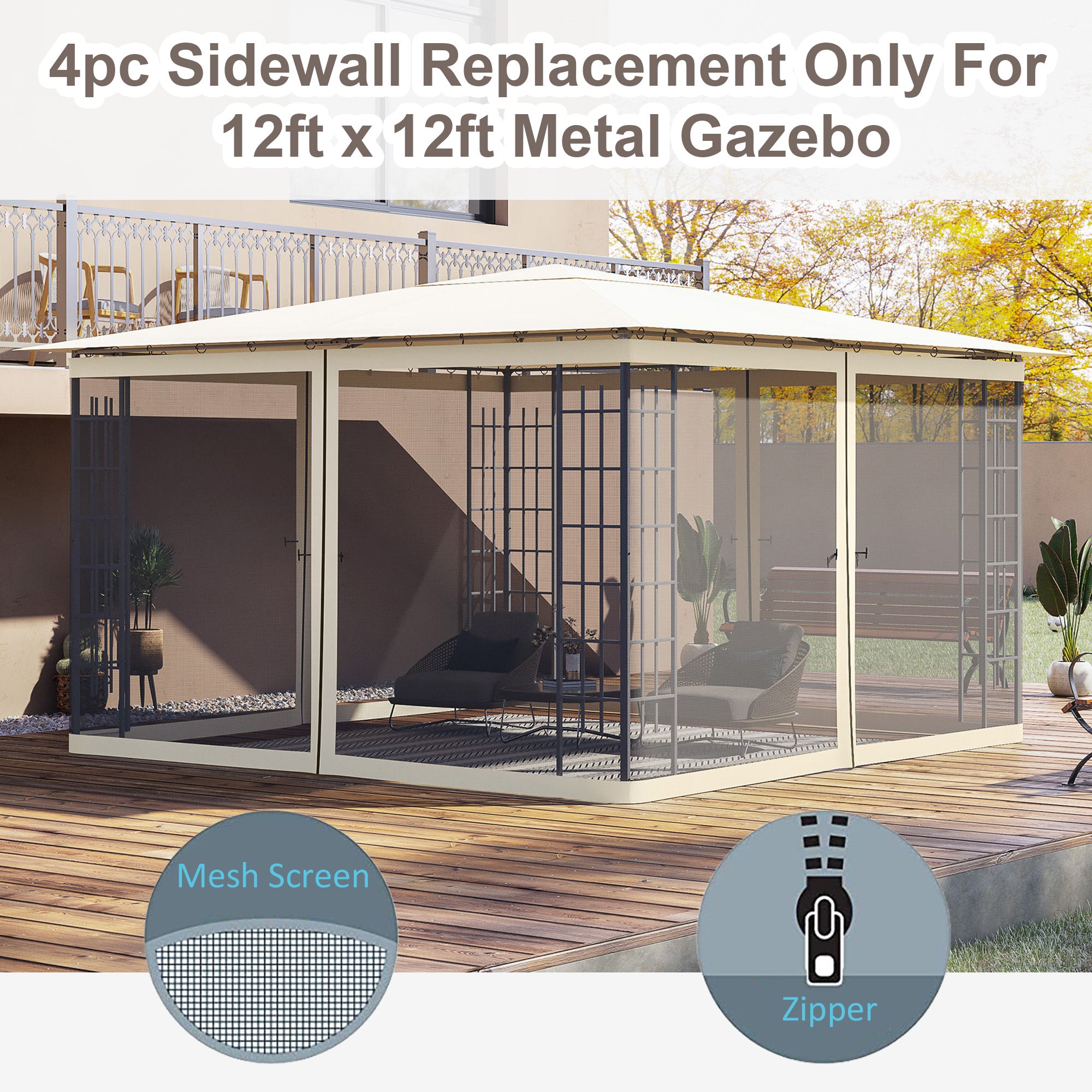 Replacement Mesh Sidewall Netting for 12' x 12' Gazebos and Canopy Tents with Zippers, (Sidewall Only) Cream