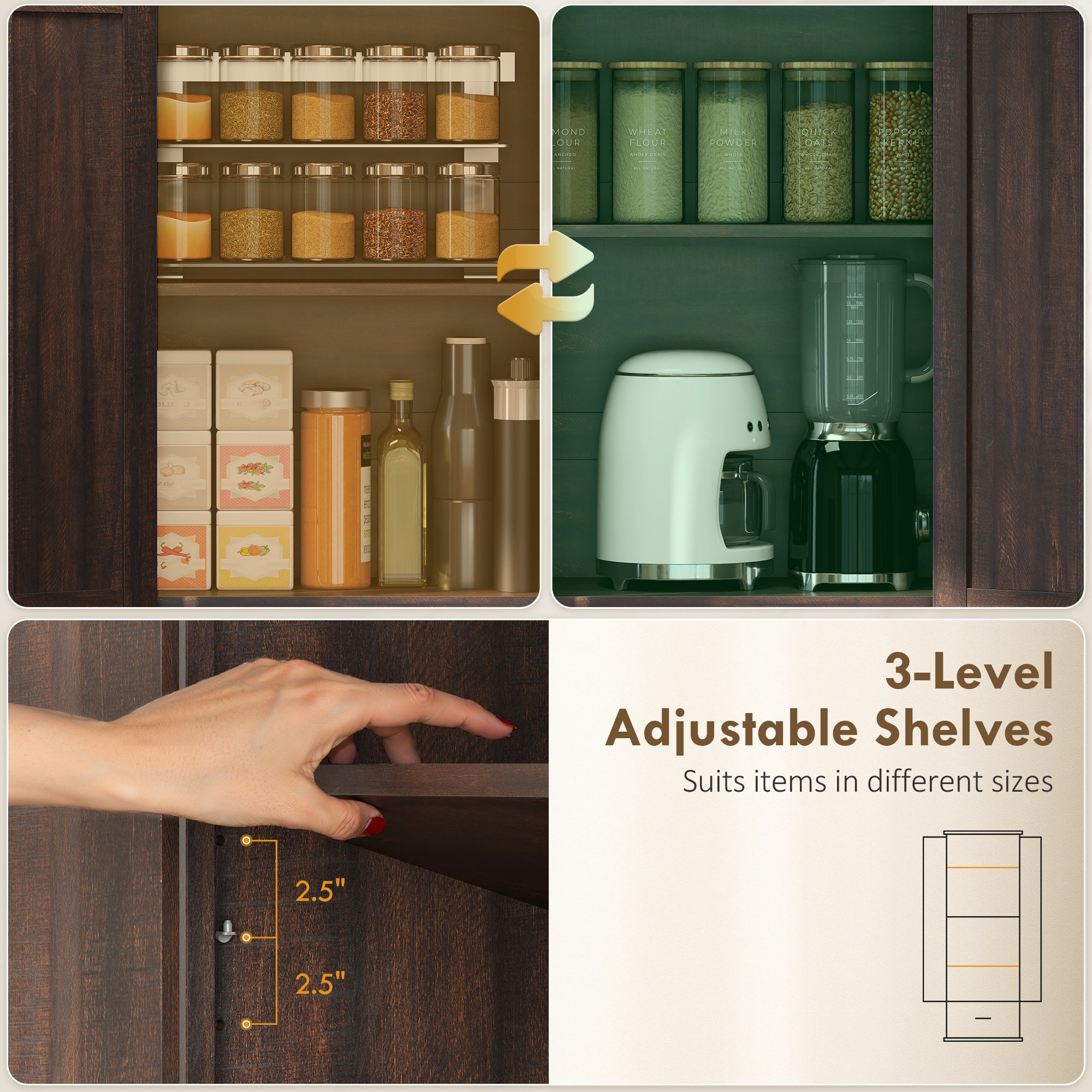 71" Pantry Cabinet, Kitchen Storage Cabinet with Adjustable Shelves, Barn Doors and Drawer for Dining Room, Brown