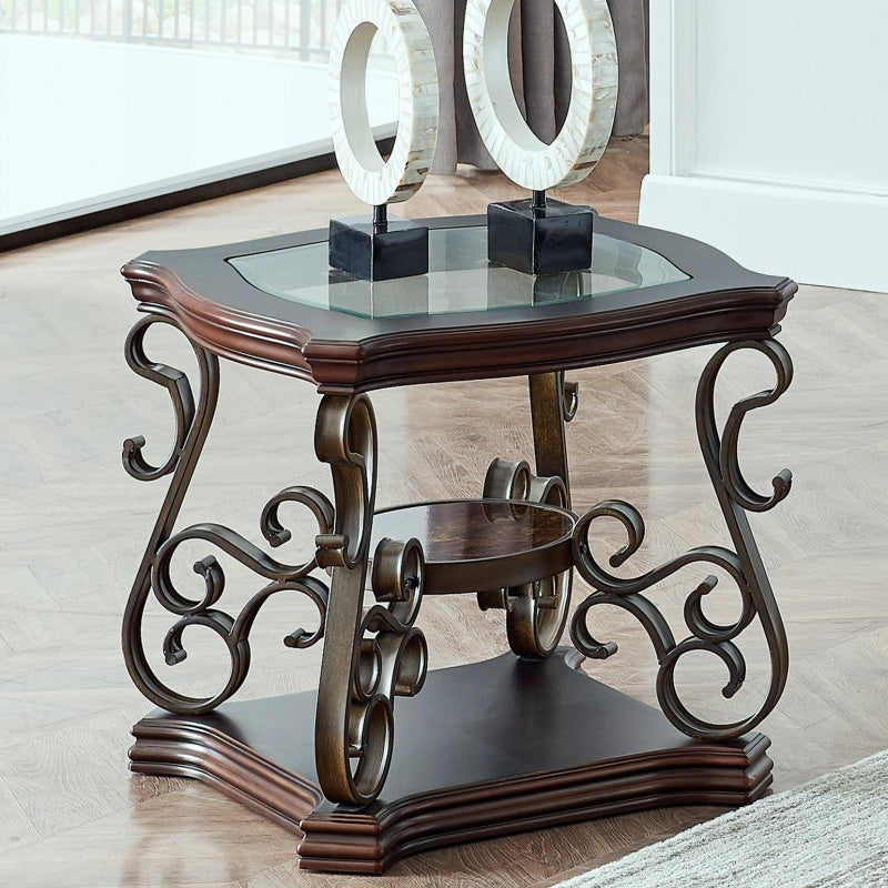 2-Tier Traditional End Table with Powder-Coated Metal Serpentine Legs, Sofa Table with Beveled Glass Top, 26.5" L x 26.5" W x 24" H, Brown