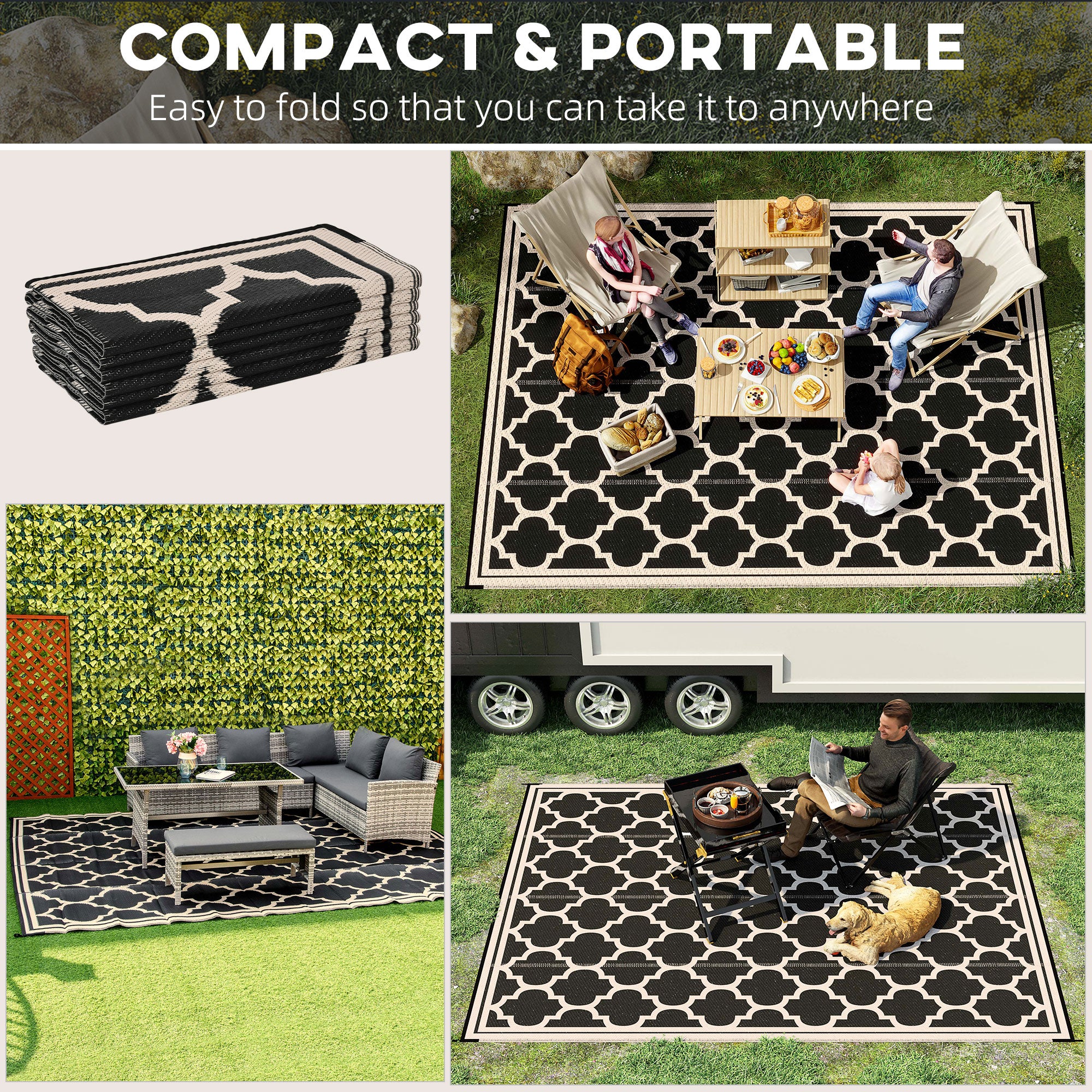 Reversible Polypropylene Outdoor Rug Folding, Durable, Perfect for Camping, Deck & Beach Black