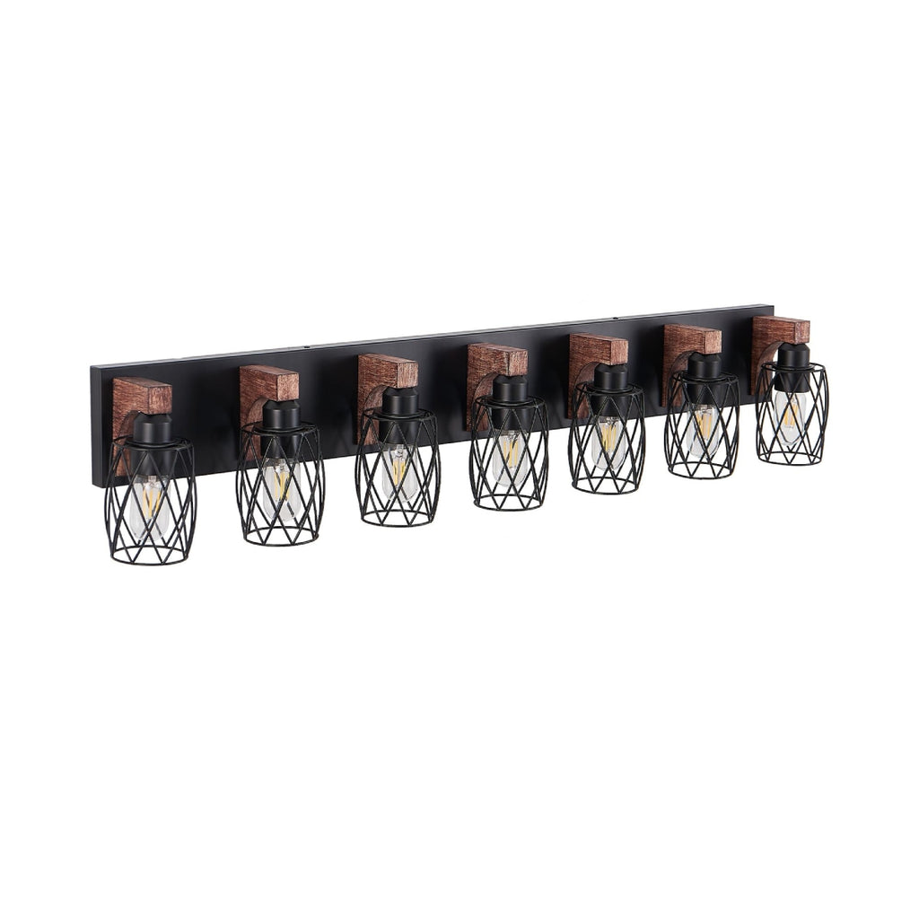 Industrial 7-Light Wall Sconce with Metal Wire Cage Shades, Wooden Accents, Ideal for Bathroom, Hallway, 44" L x 6" W x 8.5" H, Walnut+Black