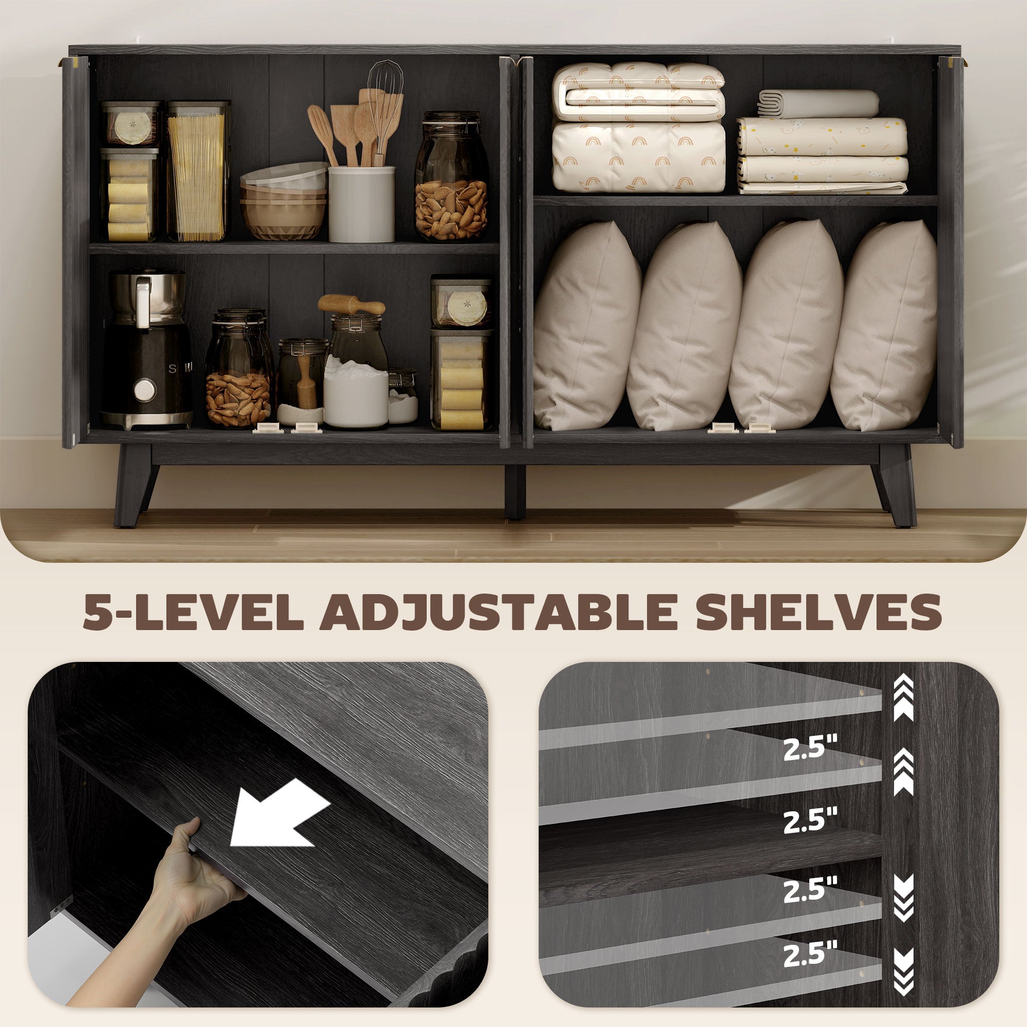 Fluted Sideboard Buffet Cabinet, 55" Coffee Bar Cabinet with 4 Doors, 2 Adjustable Shelves, 5 Wood Legs, Dark Gray