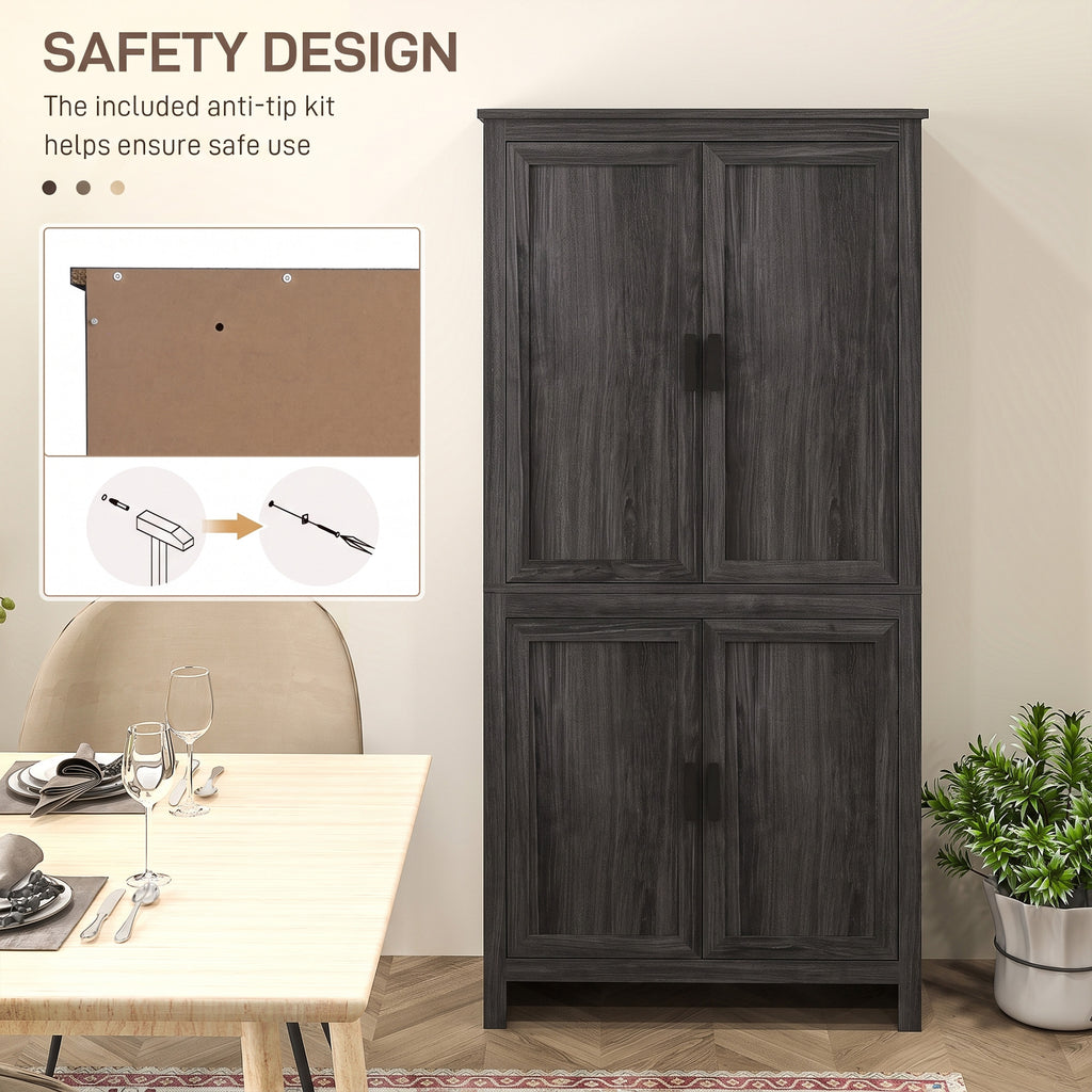 64" 4-Door Kitchen Pantry, Freestanding Storage Cabinet with 3 Adjustable Shelves for Kitchen, Gray Oak