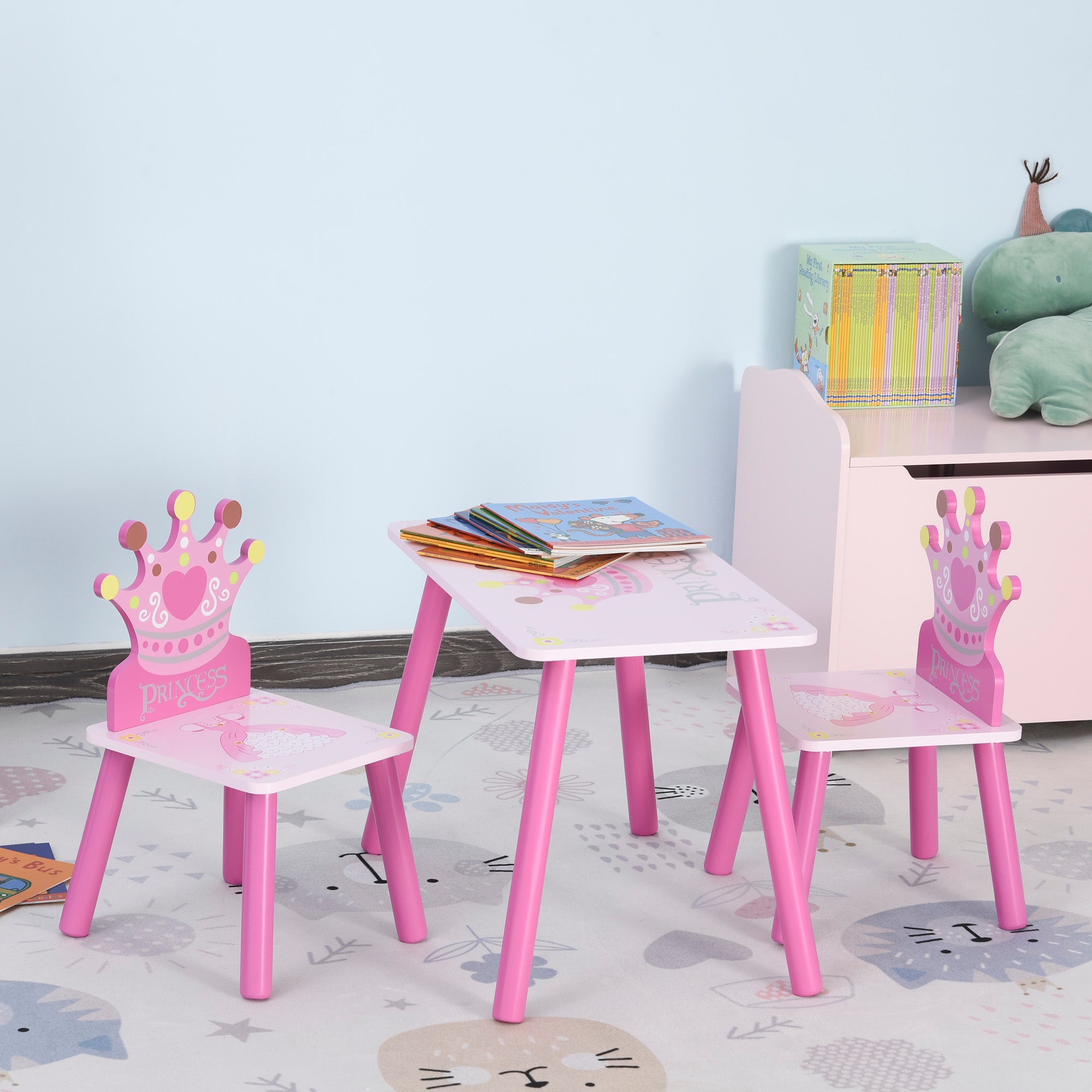 3-Piece Kids Wooden Table and Chair Set with Crown Pattern Gift for Girls Toddlers Arts Reading Writing Age 2-4 Years Pink