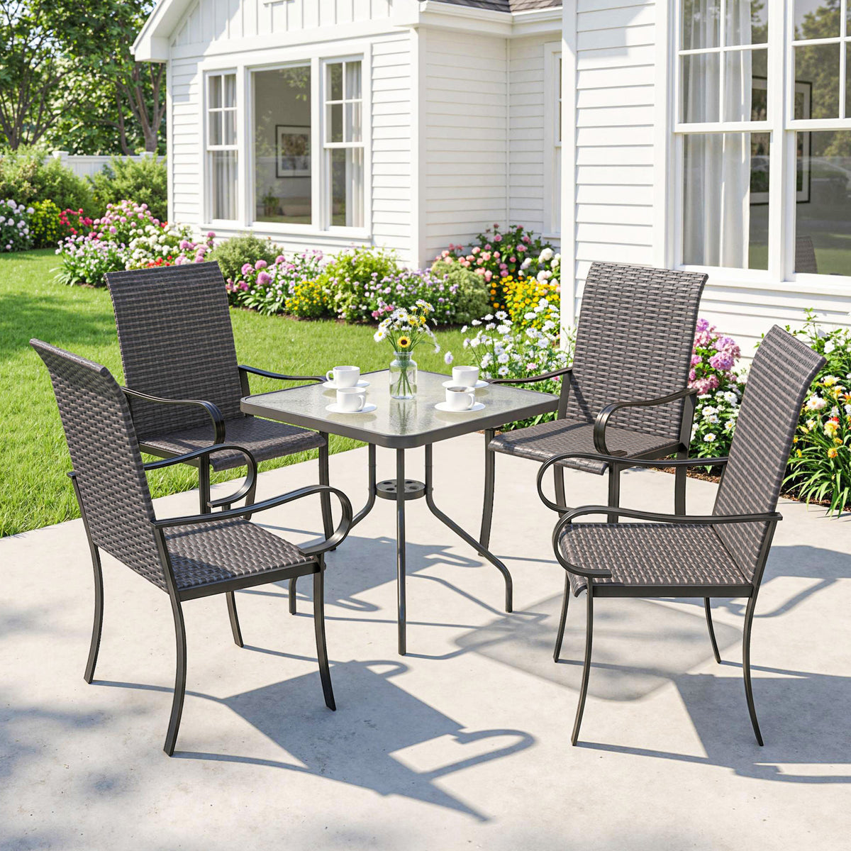 Set of 4 Outdoor Wicker Dining Chairs with Armrest, Steel Frame, Highback and Deep Seating, Brown