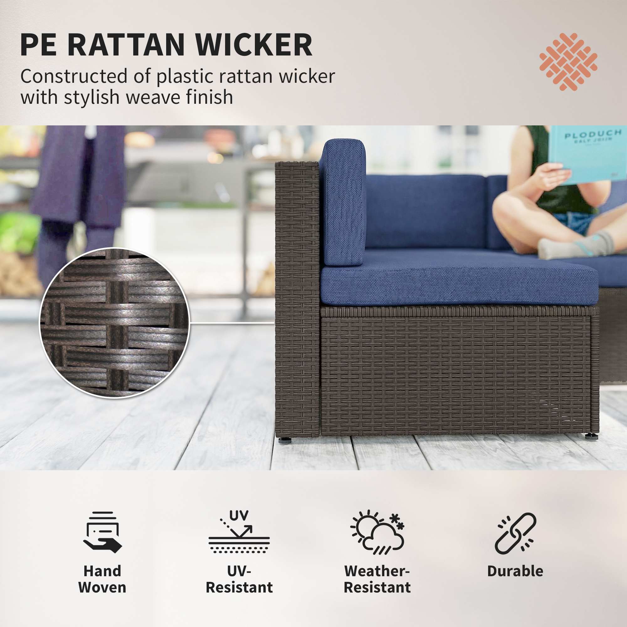 7 Piece Patio Furniture Set, All Weather PE Rattan Outdoor Furniture Conversation Sets with Glass Top Coffee Table