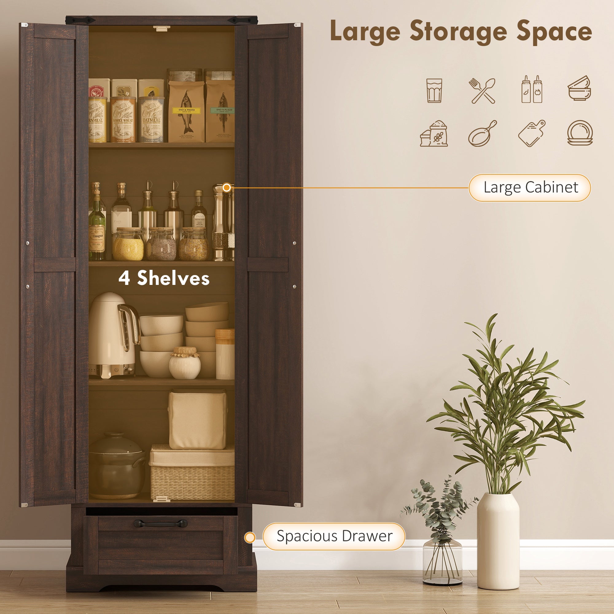 71" Pantry Cabinet, Kitchen Storage Cabinet with Adjustable Shelves, Barn Doors and Drawer for Dining Room, Brown