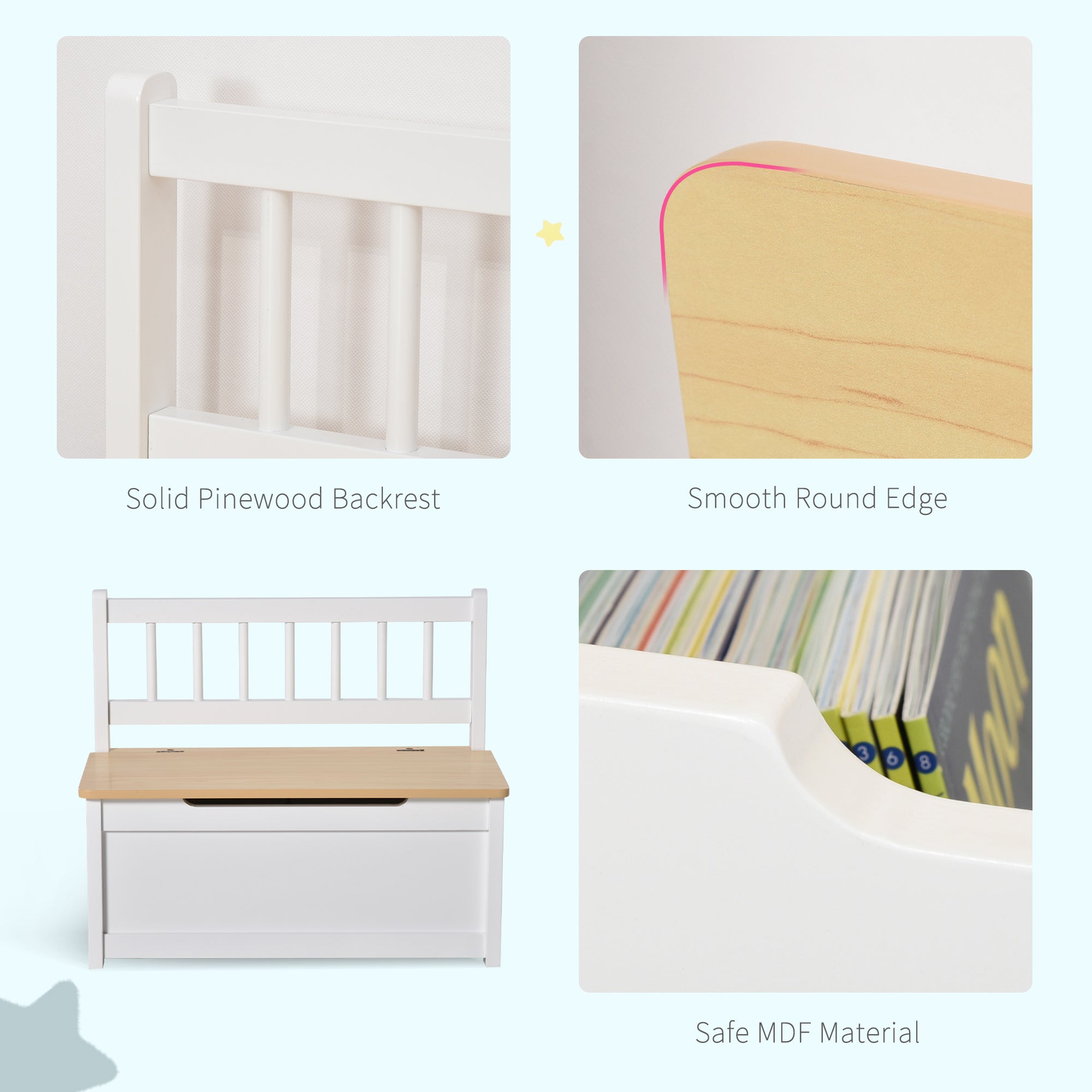 2-in-1 Kids Wooden Toy Organizer Chest Storage Box with Seat Bench Cabinet Chunk Cube with Safety Pneumatic Rod White