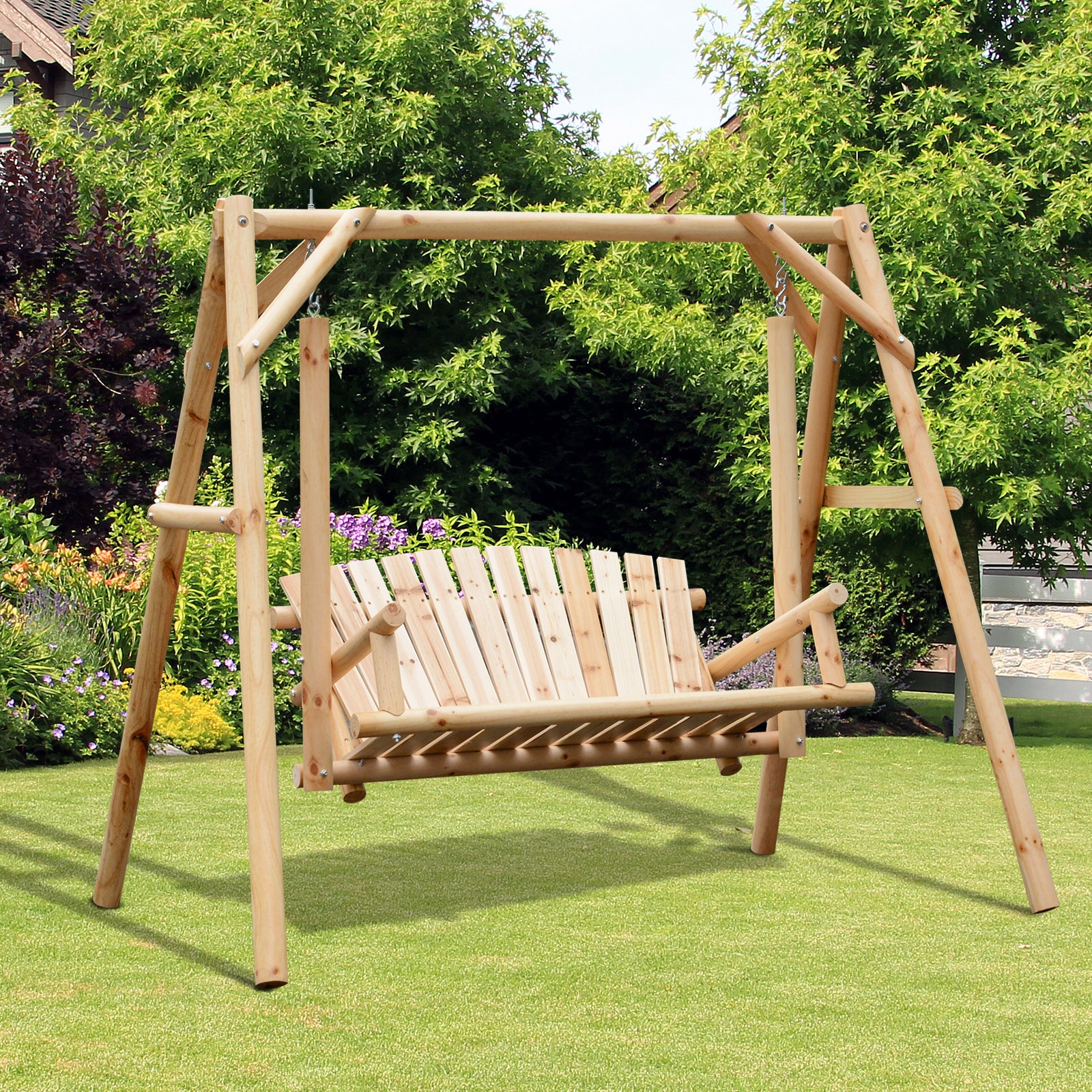 2-Seat Wooden Swing Bench, Ergonomic Design, 'A' Frame Construction, Stable and Non-Slip, Solid Wood Frame Log Garden Swing, for Outdoor and Indoor, Natural Wood