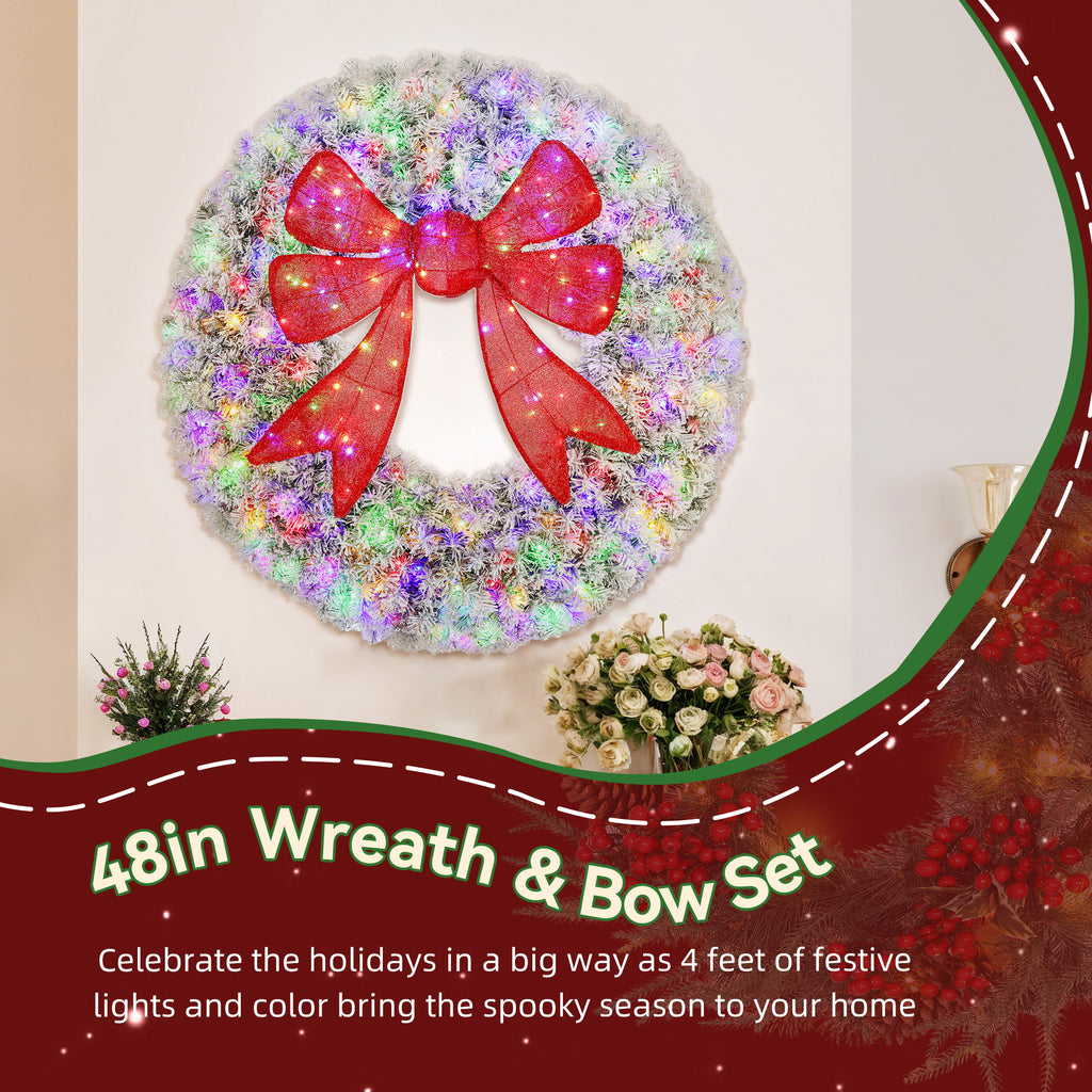 48in Flocked Pre-Lit Christmas Wreath with 3D Red Bow, 11 Lighting Modes, Front Door Christmas Wreath with Remote
