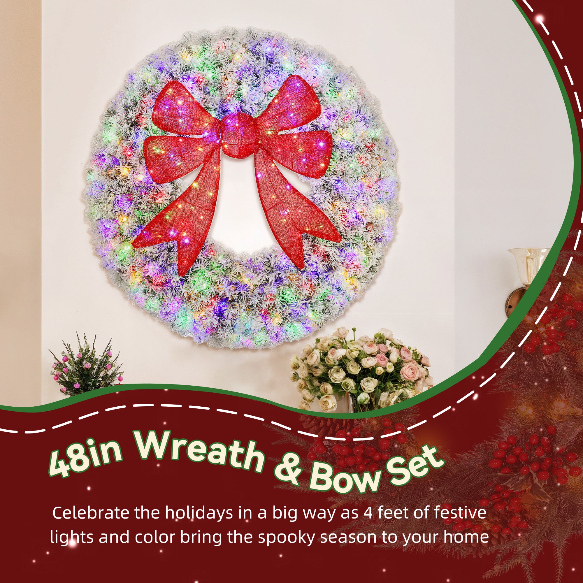 48in Flocked Pre-Lit Christmas Wreath with 3D Red Bow, 11 Lighting Modes, Front Door Christmas Wreath with Remote