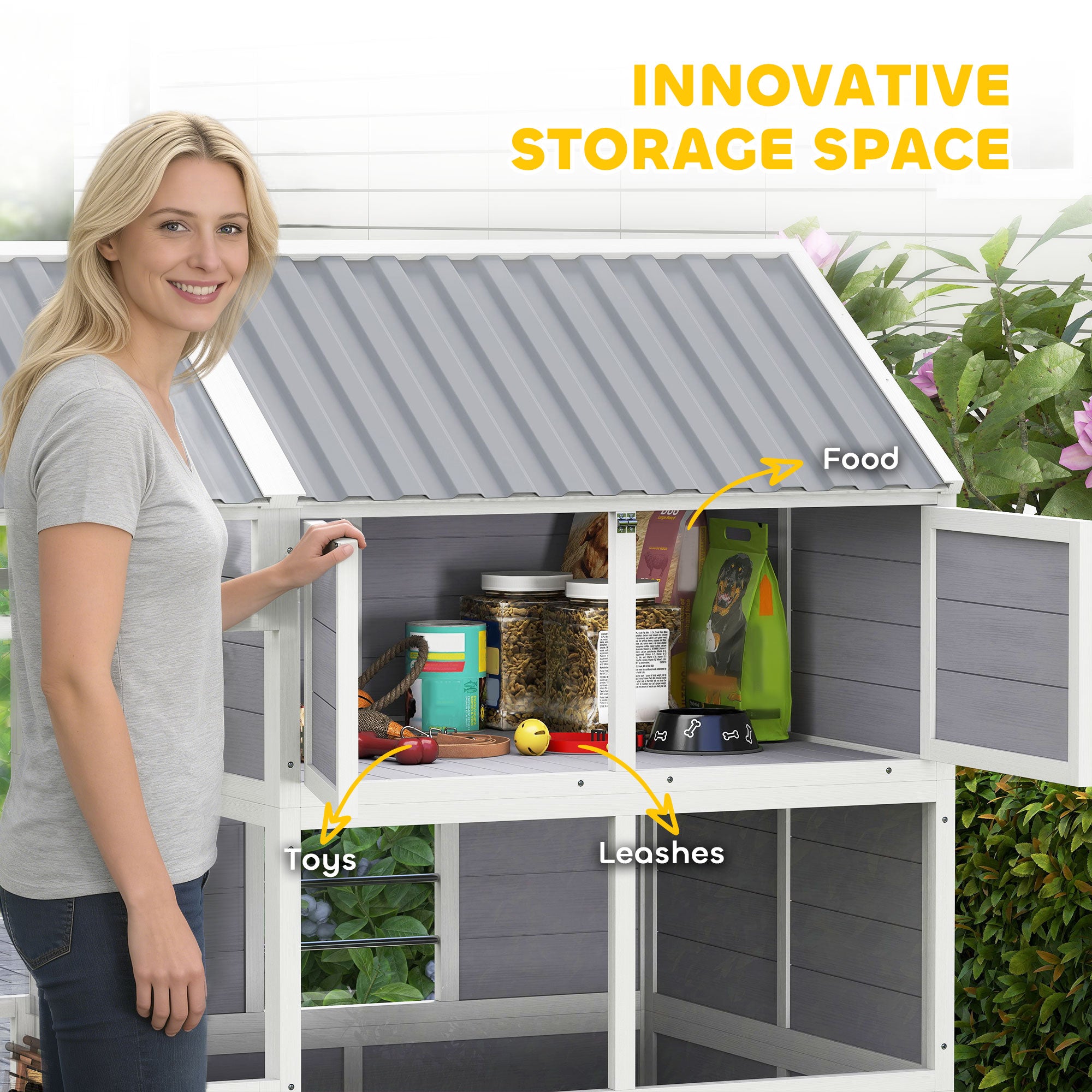 79"L Large Dog House Outdoor, Wooden Dog Kennel with Porch, Storage Cabinet,Weatherproof Roof, Windows