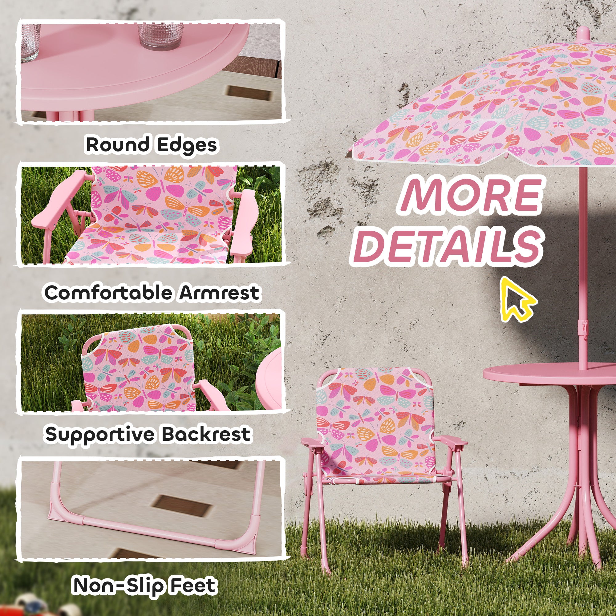 Kids Picnic Table and Chair Set, Outdoor Table with Foldable Chairs, Removable Umbrella, Pink