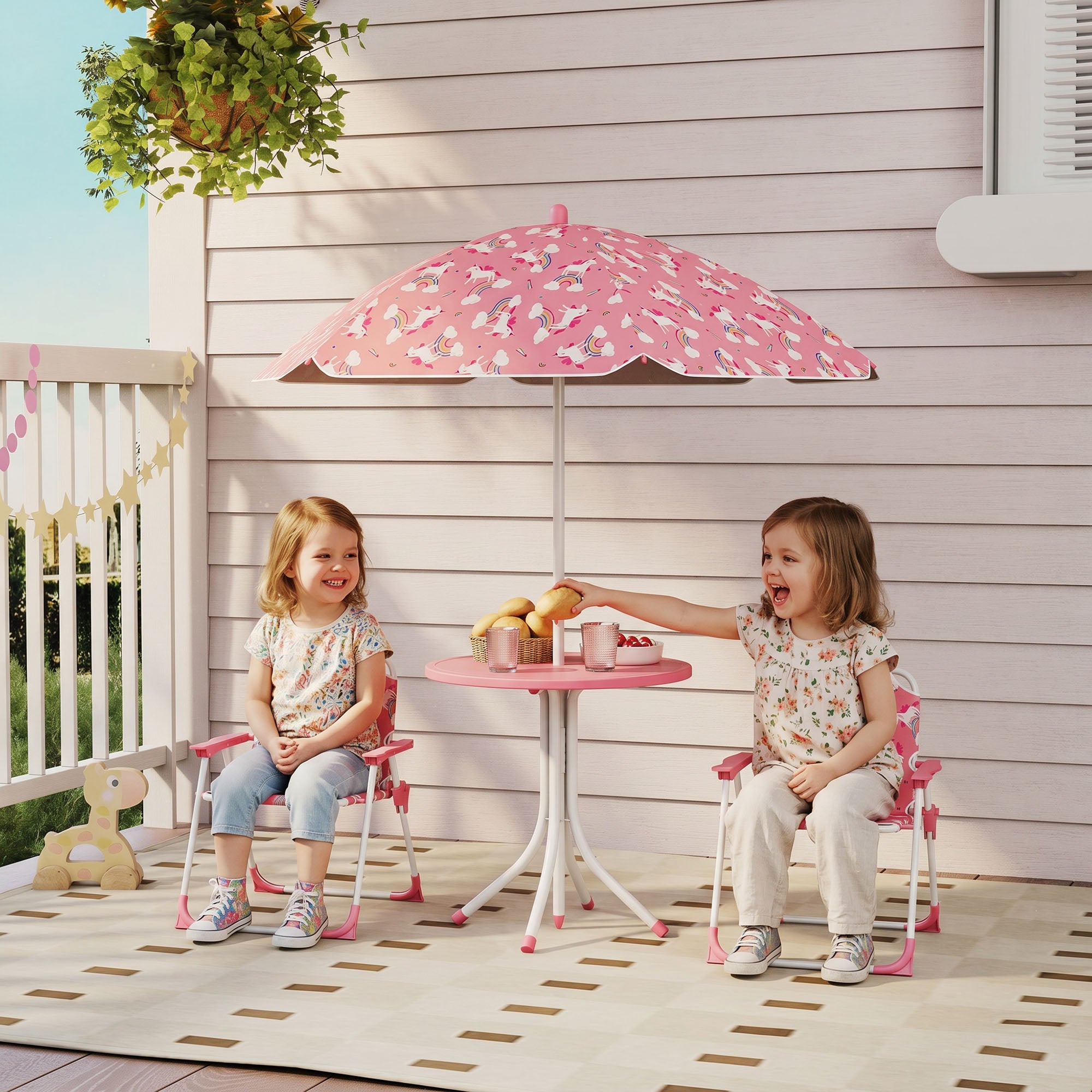 Kids Picnic Table, Kids Table and Chair Set with 2 Folding Chairs and Umbrella for Backyard, Garden, Patio, Pink