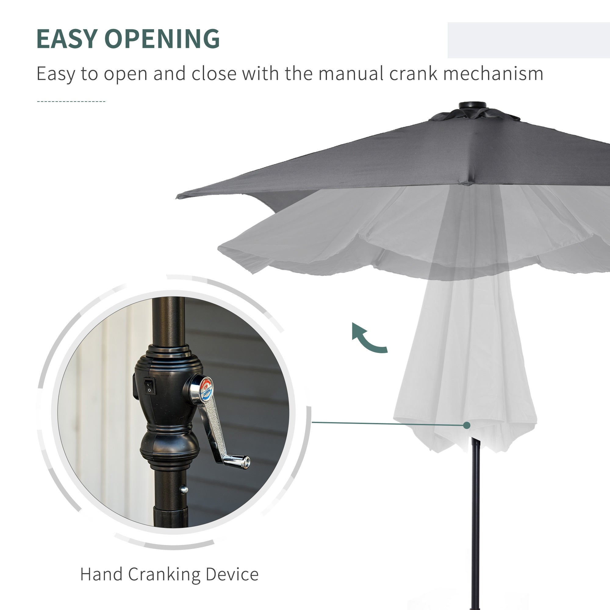 9' x 7' Solar Umbrella, LED Lighted Patio Umbrella for Table or Base with Tilt & Crank, Outdoor Umbrella for Garden, Deck, Backyard, Pool, Beach, Dark Gray