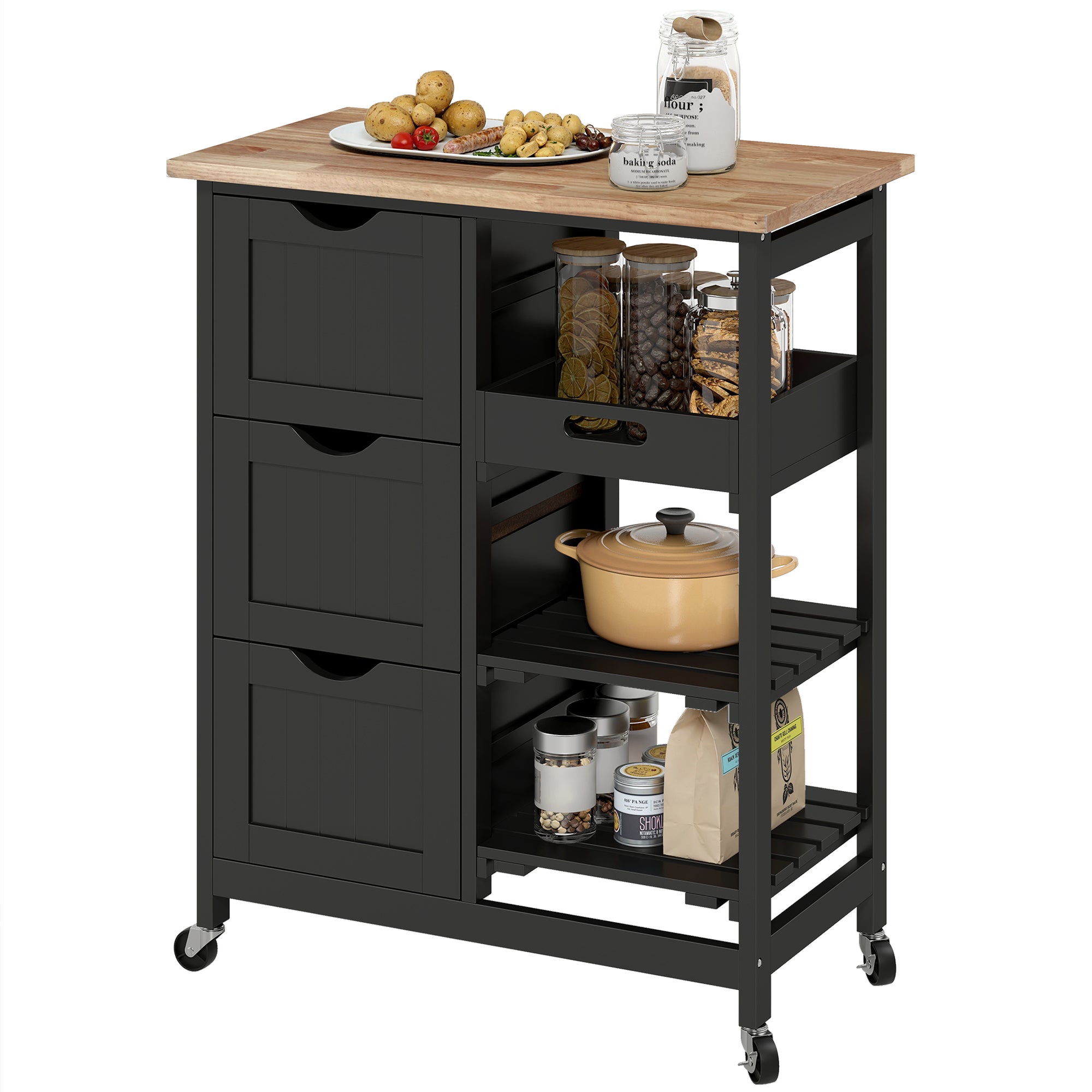 Rolling Kitchen Cart, Kitchen Island with Wood Top, Shelves & Drawers for Dining Area, Black