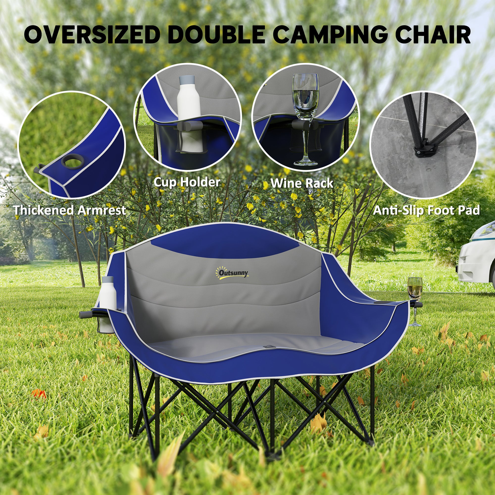 Padded Folding Camp Chair for Adults, Double Camping Chair with Armrests, Cup Holders, Carry Bag for Outdoor, Blue
