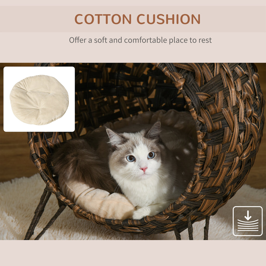 20.5" Weaved Cat Bed, Elevated Hand-woven Braided Banana Leaf Kitten House Condo with Cushion, Brown