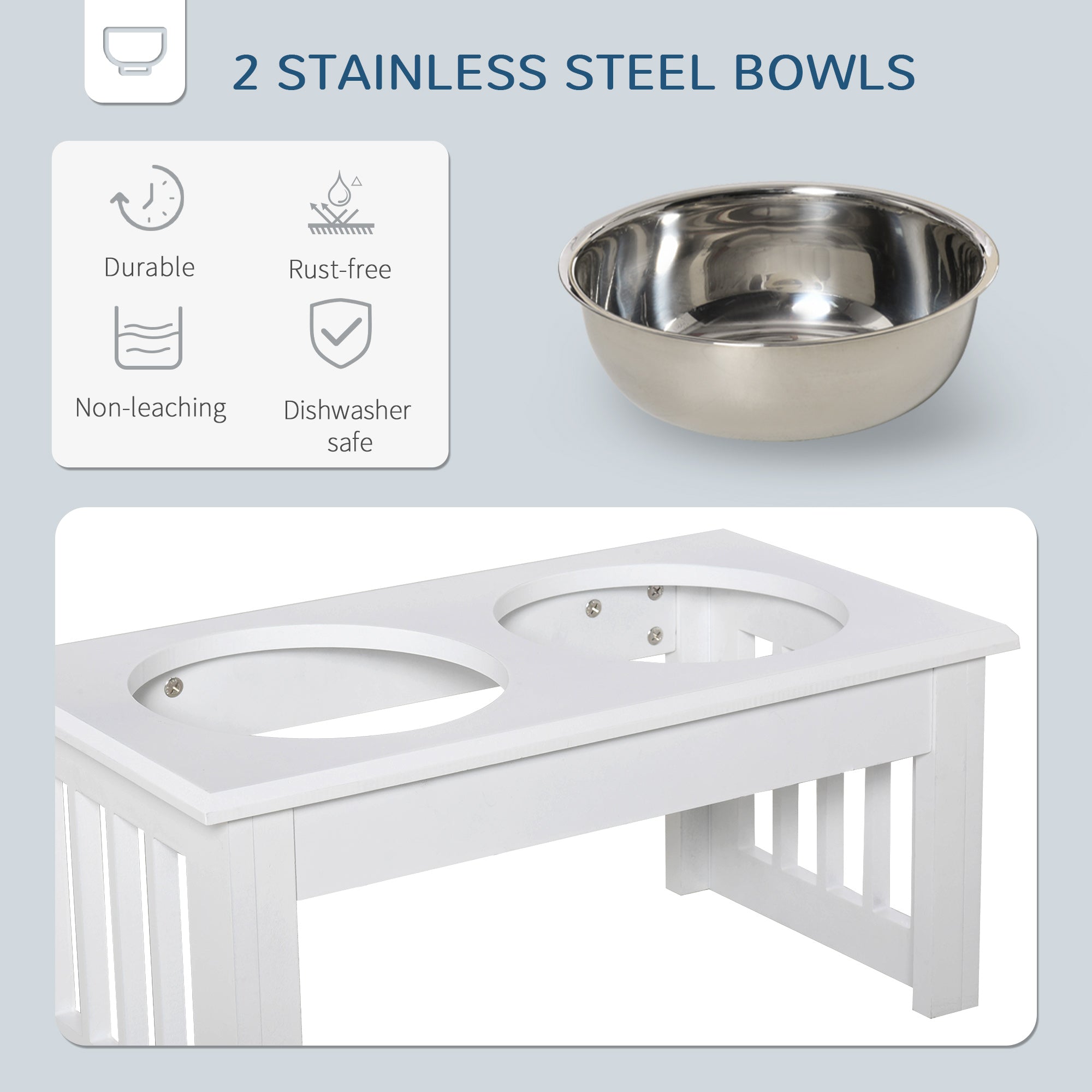 6" Height Small Puppy Dog Feeding Station for Messy Pets, Stainless Steel Elevated Dog Bowls with Modern Wooden Frame, Dog Food Stand Pet Feeding Station, White
