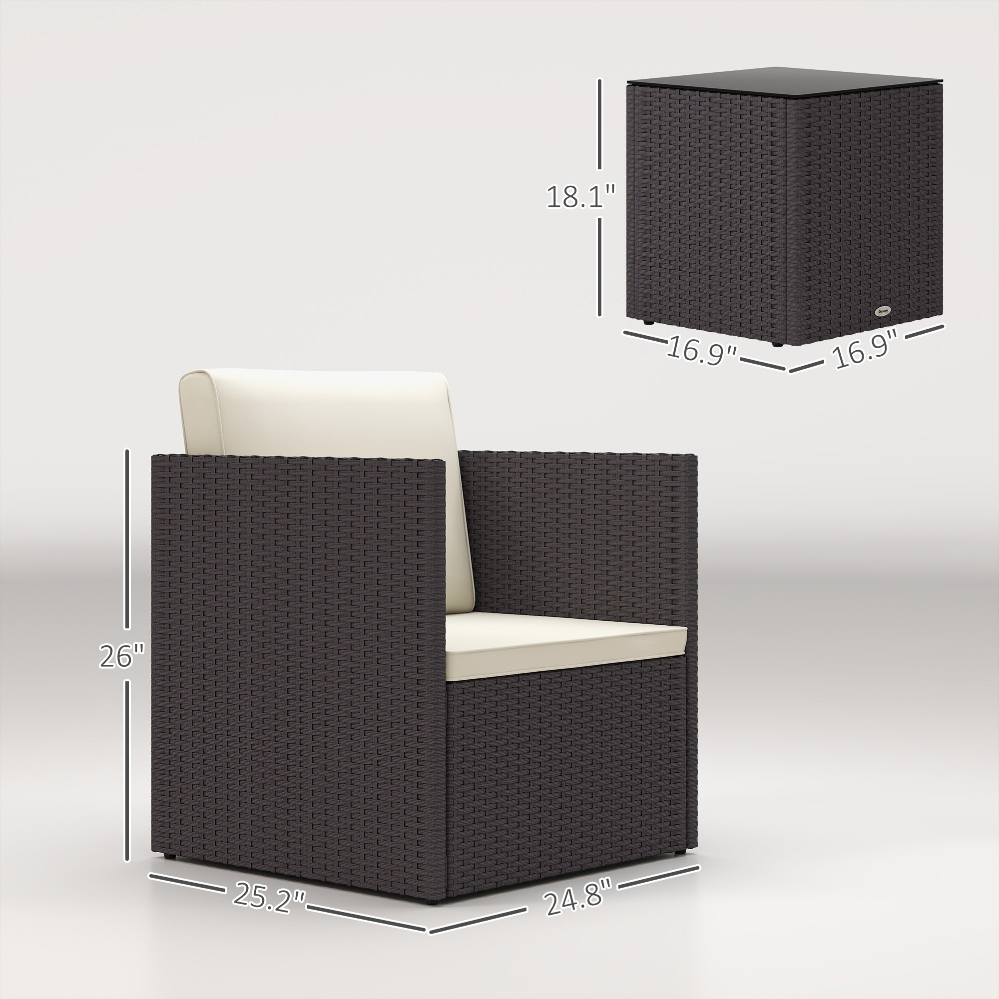 Folding Wicker Bistro Set, 3 Piece Patio Furniture Set with Cushions and Glass Coffee Table for Porch, Balcony, Brown