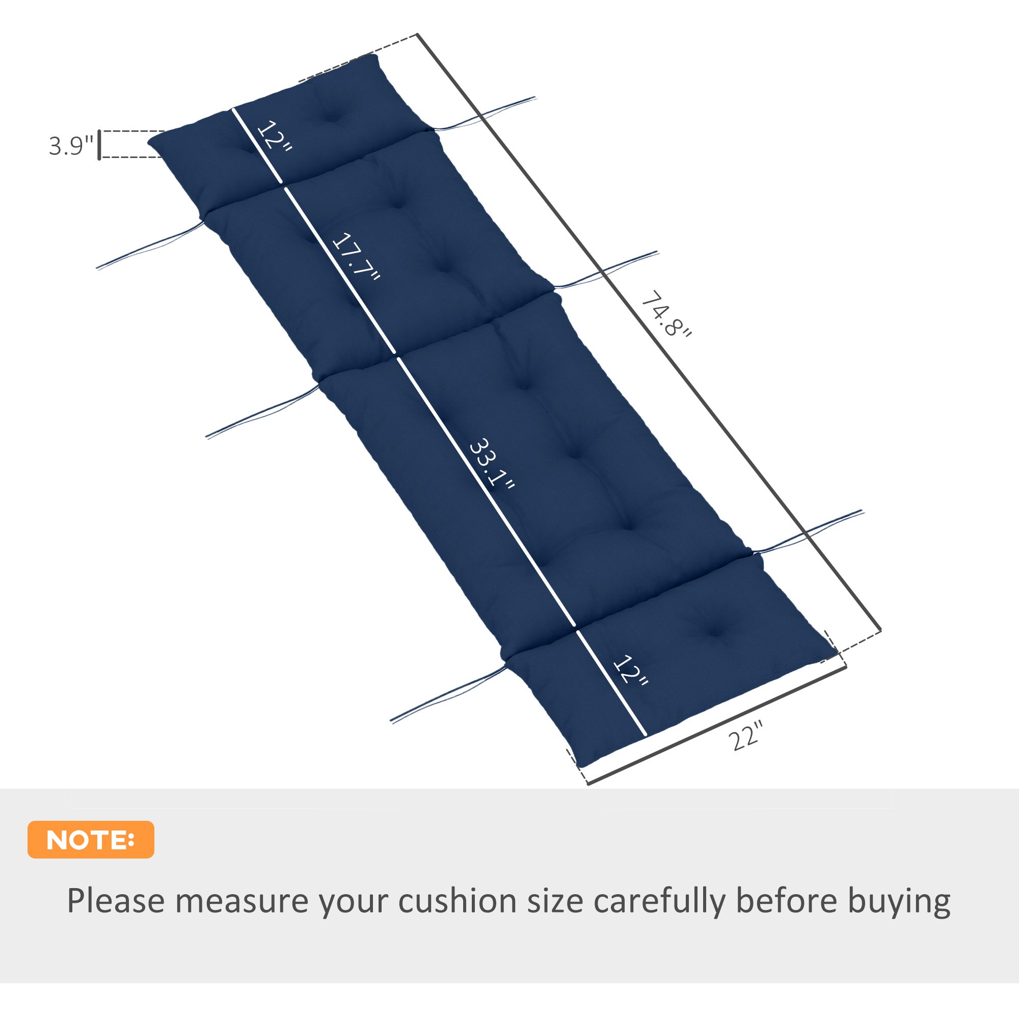 Outdoor Chaise Lounge Cushion, Tufted Thick Patio Lounge Chair Cushion with Ties, 74.8 in. x 22 in. x 4 in., Navy Blue