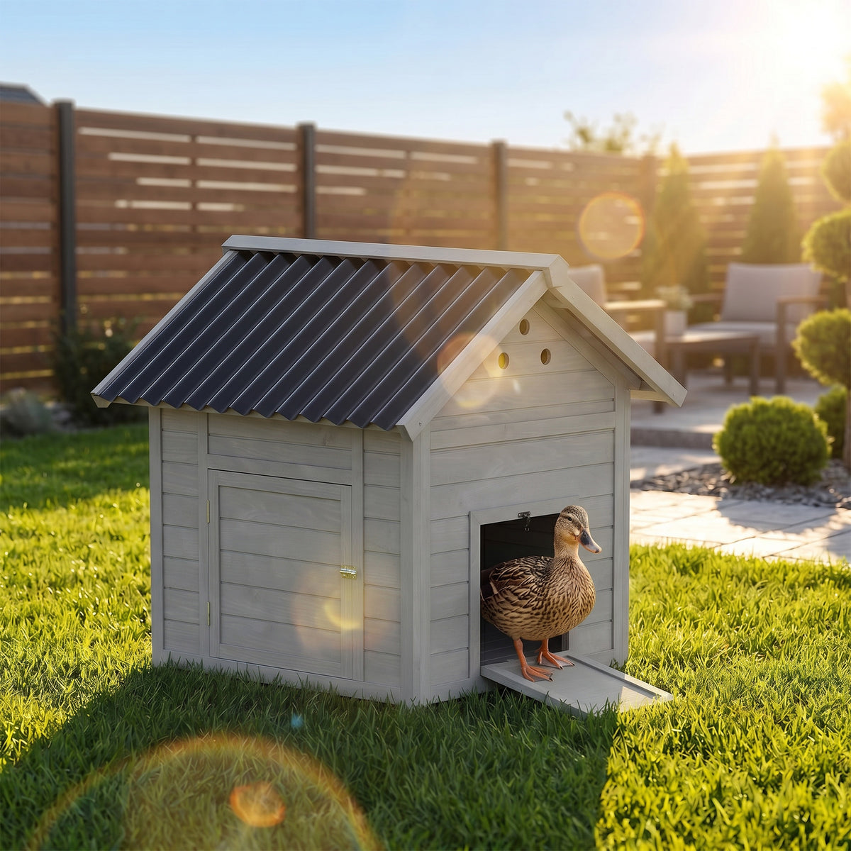 Duck Coop, Wooden Duck House with Openable Roof & Double Doors, Light Gray