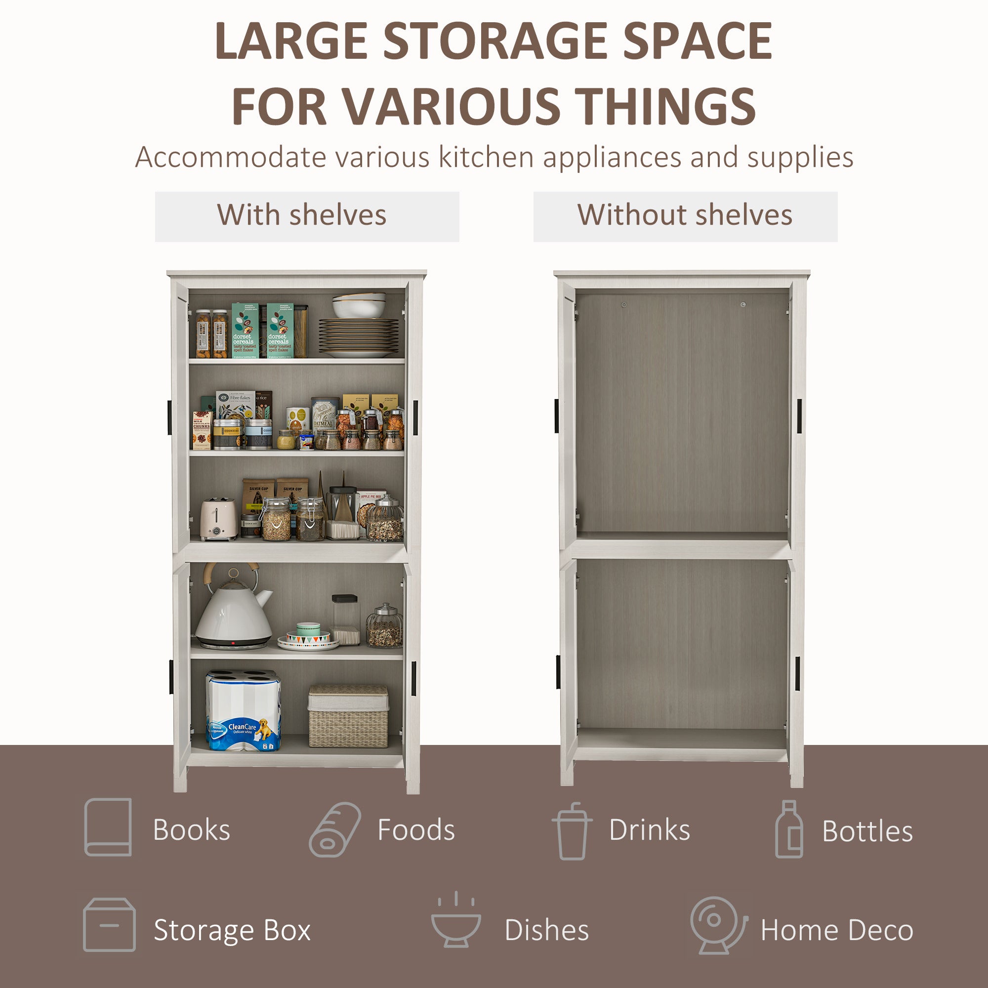 64" 4-Door Kitchen Pantry, Freestanding Storage Cabinet with 3 Adjustable Shelves for Kitchen, Antique White